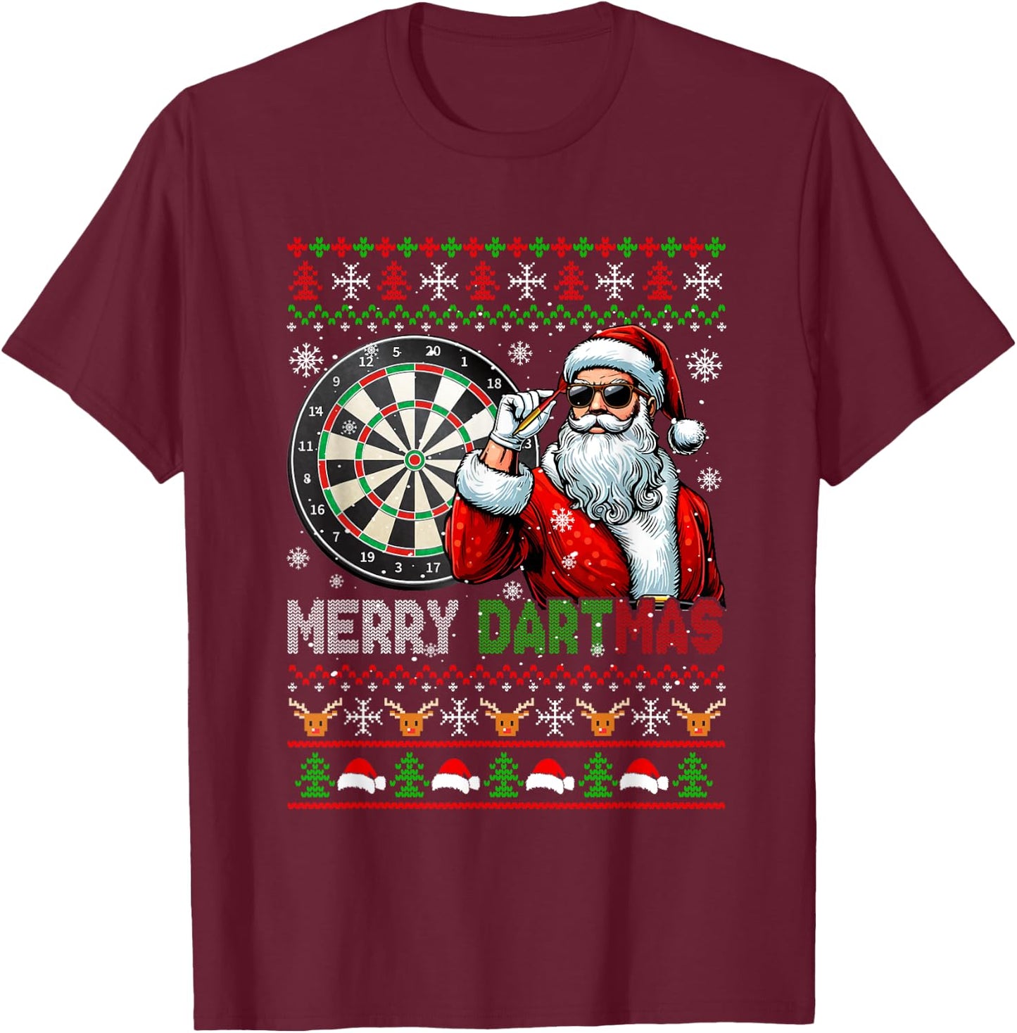 Merry Dartmas Xmas Santa Sunglasses Playing Dart Sweater T-Shirt - T-Shirt | Maroon