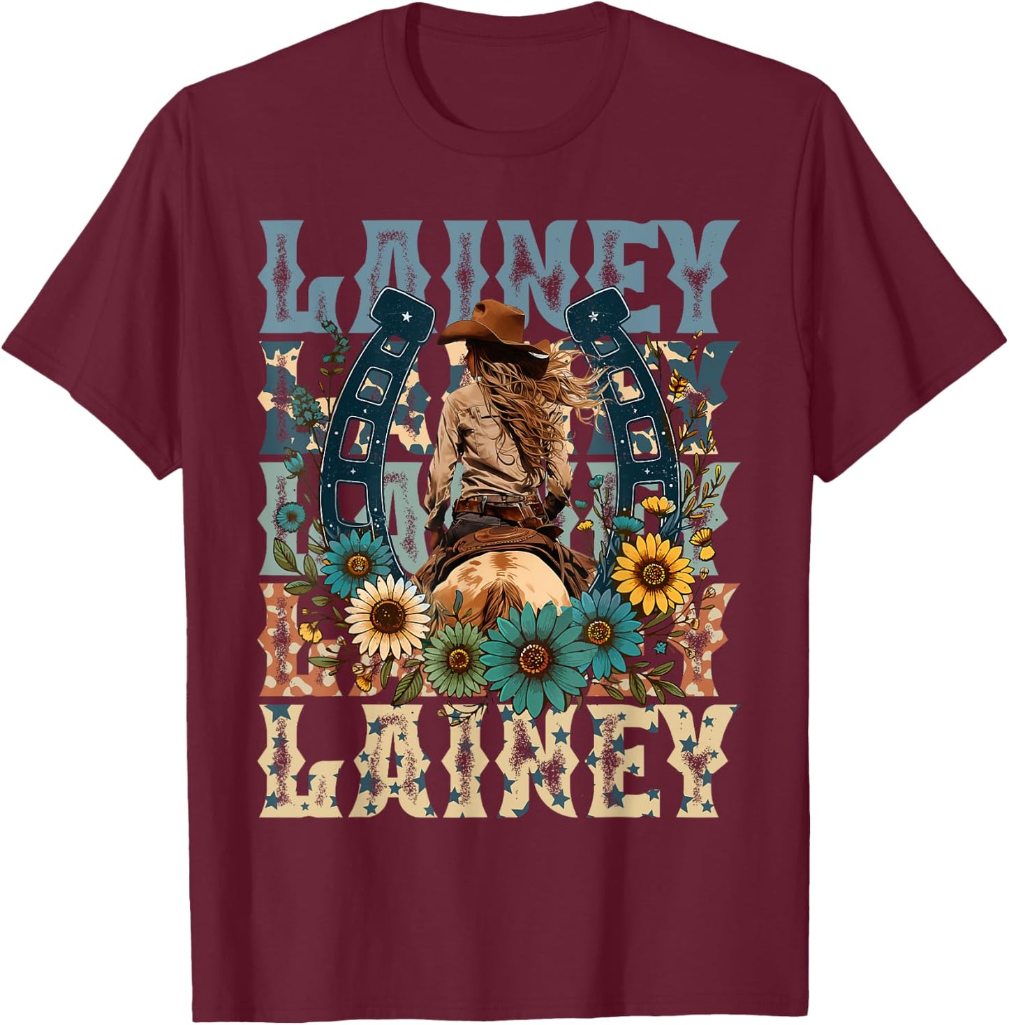 Cowgirl Lainey First Name Personalized Western - -Adults, Kids - Black - Small - Short Sleeve - - Animal Print Fabric Blend T-Shirt - T-Shirt | Maroon