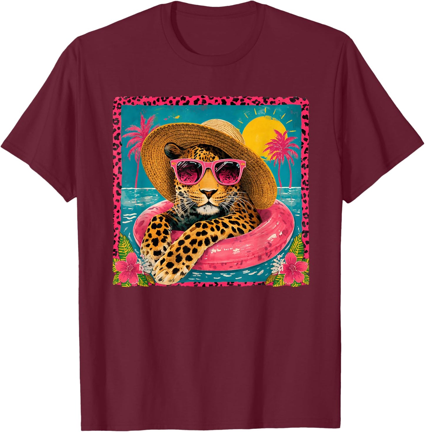 Summer Funny Leopard Sunglasses Pool Float Beach Vacation T-Shirt - T-Shirt | Maroon