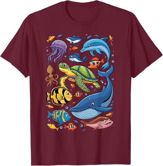Sea Creature Animal Marine Ocean Life Turtle Whale Dolphin T-Shirt - T-Shirt | Maroon