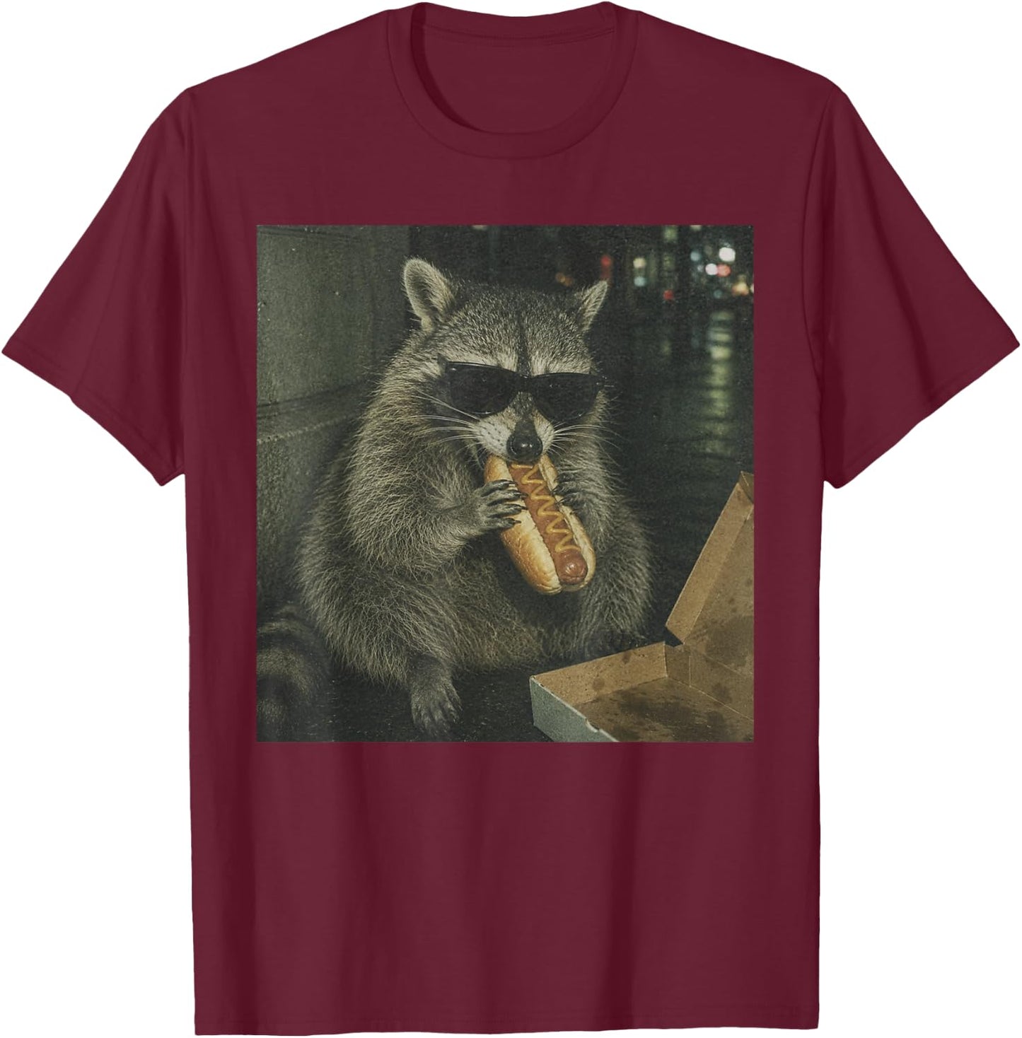 Raccoon Eating Hot Dog Funny Animal Meme T-Shirt - T-Shirt | Maroon