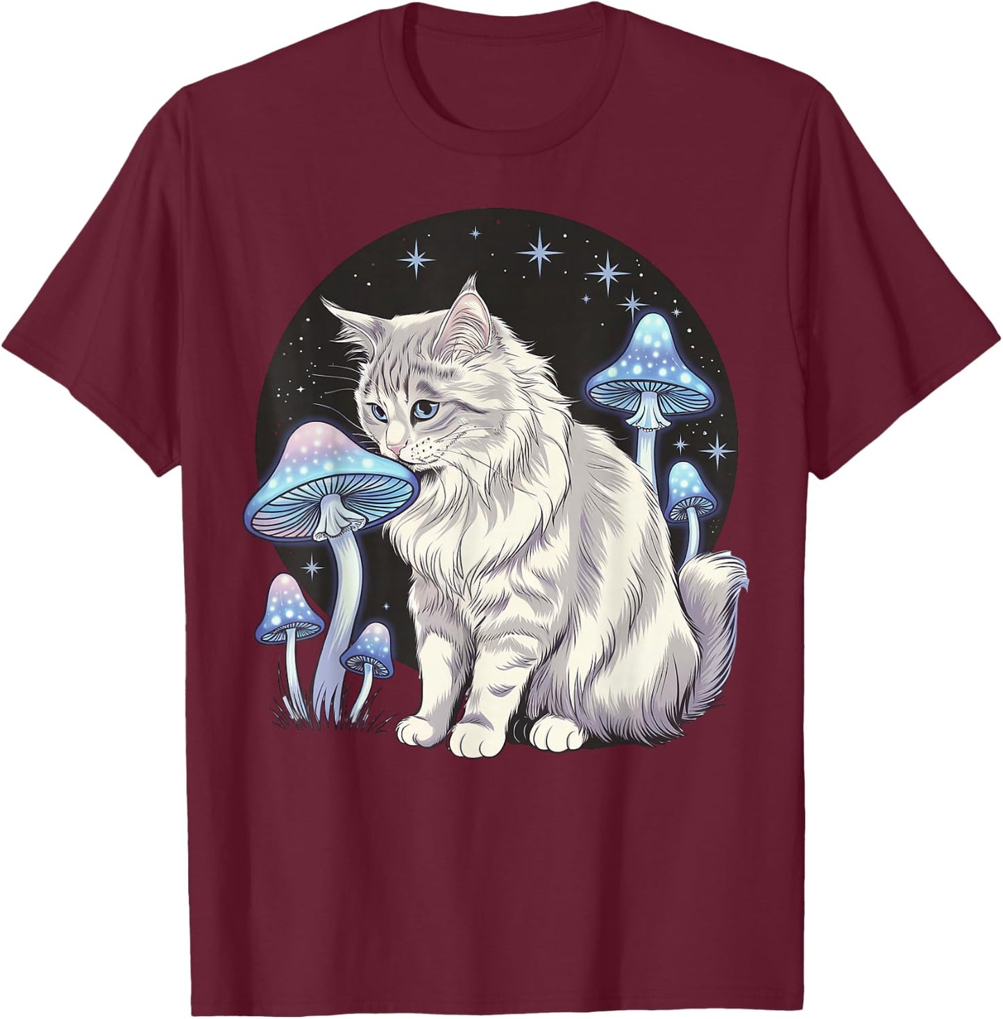 Magical Turkish Angora Sniffing Glowing Mushrooms T-Shirt - T-Shirt | Maroon