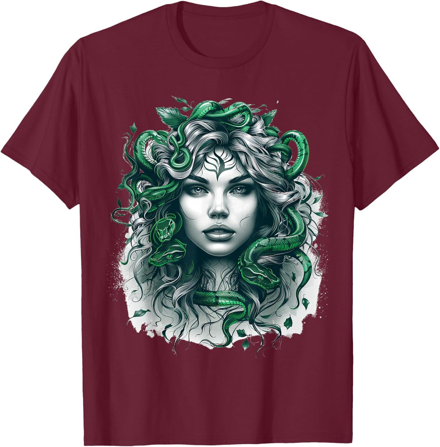 Ancient Greek Mythology Medusahead with Snake Hair Green T-Shirt - T-Shirt | Maroon