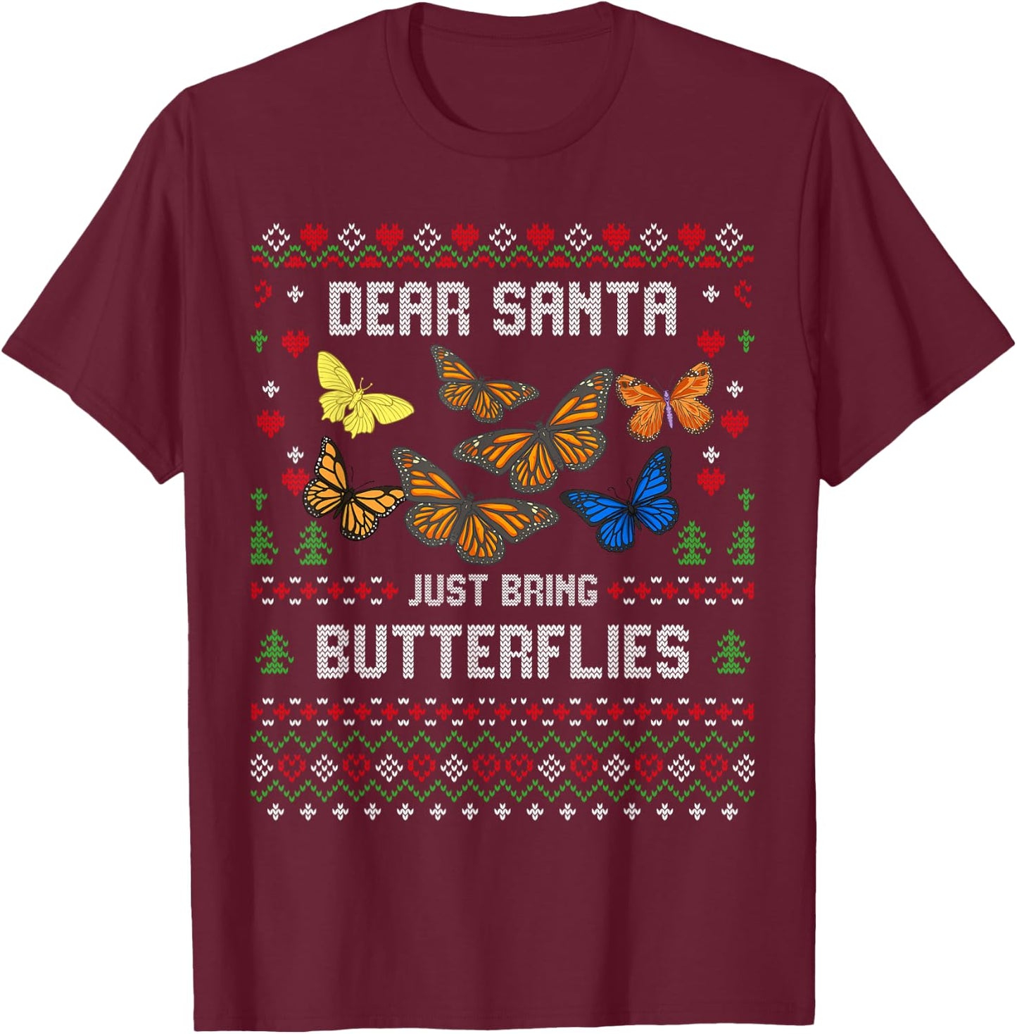 Butterfly Christmas Ugly Xmas Insect Sweater T-Shirt - T-Shirt | Maroon