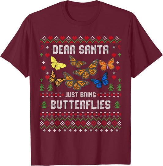 Butterfly Christmas Ugly Xmas Insect Sweater T-Shirt - T-Shirt | Maroon