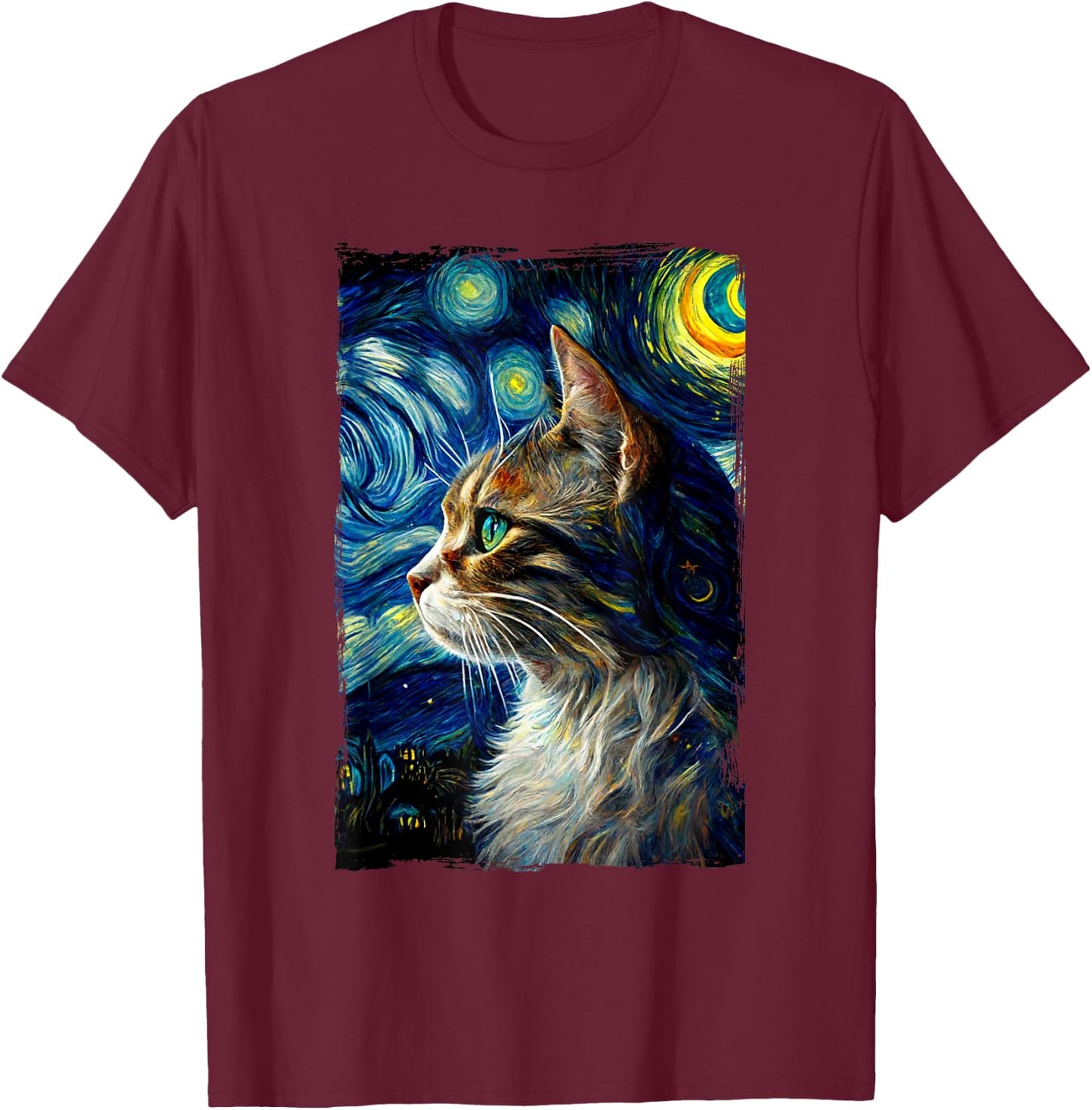 Starry Night Cat Van Gogh's Cat Vincent - Cat Lover Parodie T-Shirt - T-Shirt | Maroon
