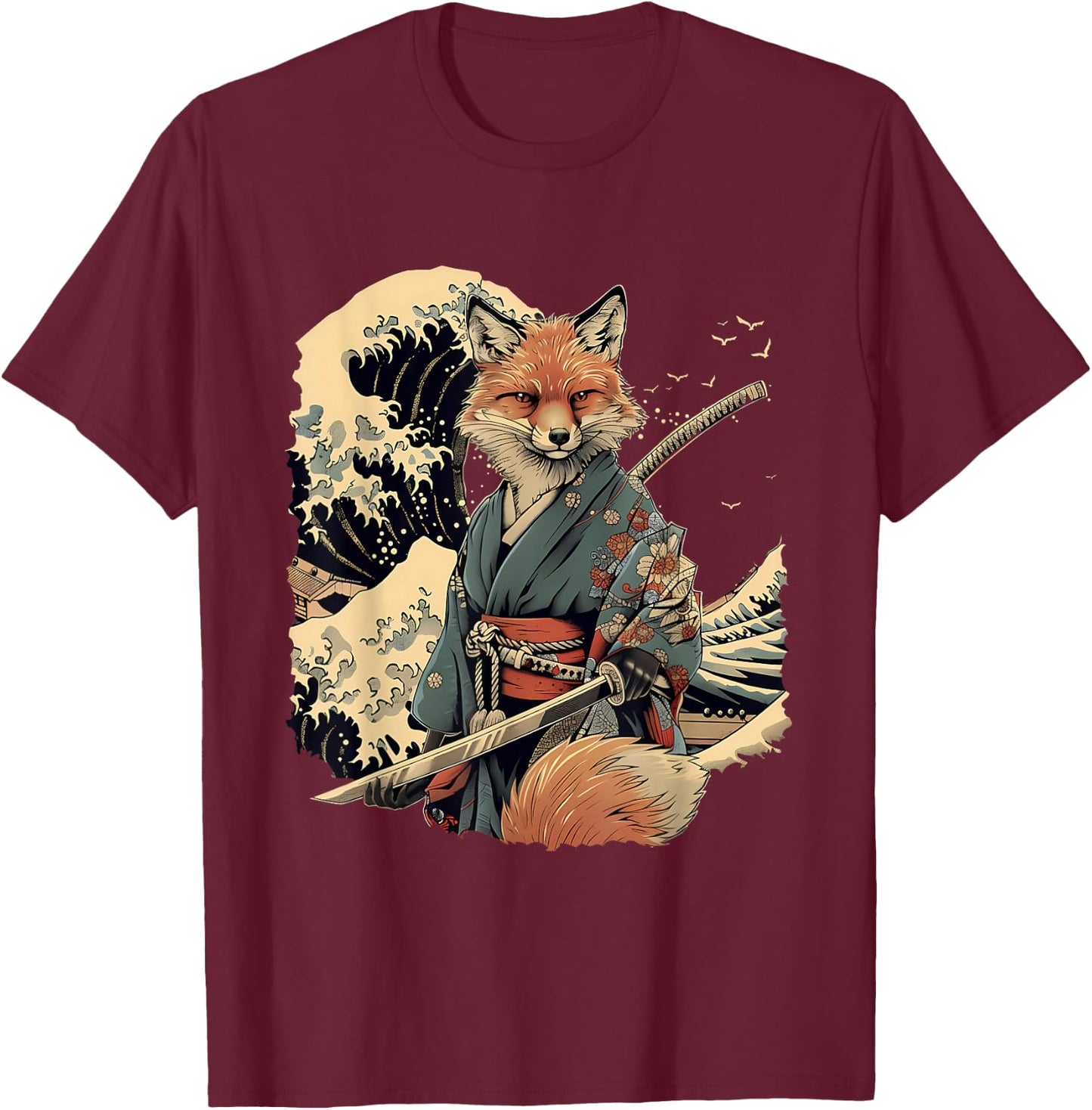 Samurai Fox Ninja Japanese Fox Warrior Ocean , Black, S T-Shirt - T-Shirt | Maroon