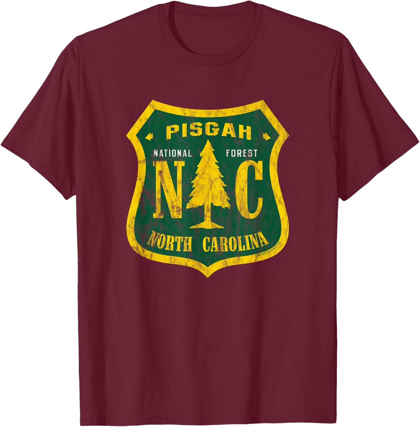 Pisgah National Forest North Carolina Shield Vintage Look T-Shirt - T-Shirt | Maroon