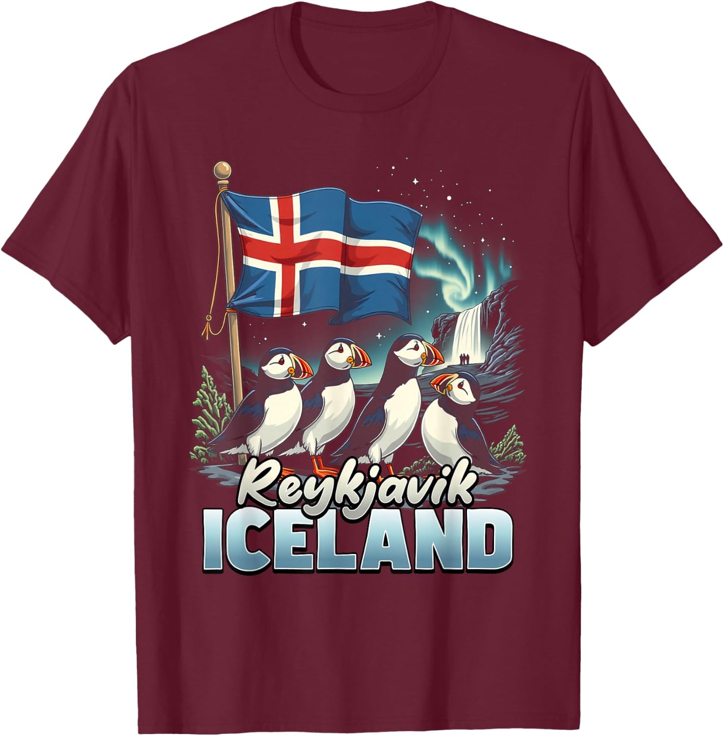 Reykjavik Iceland Flag Puffin Reykjavik Vacation Souvenir T-Shirt - T-Shirt | Maroon