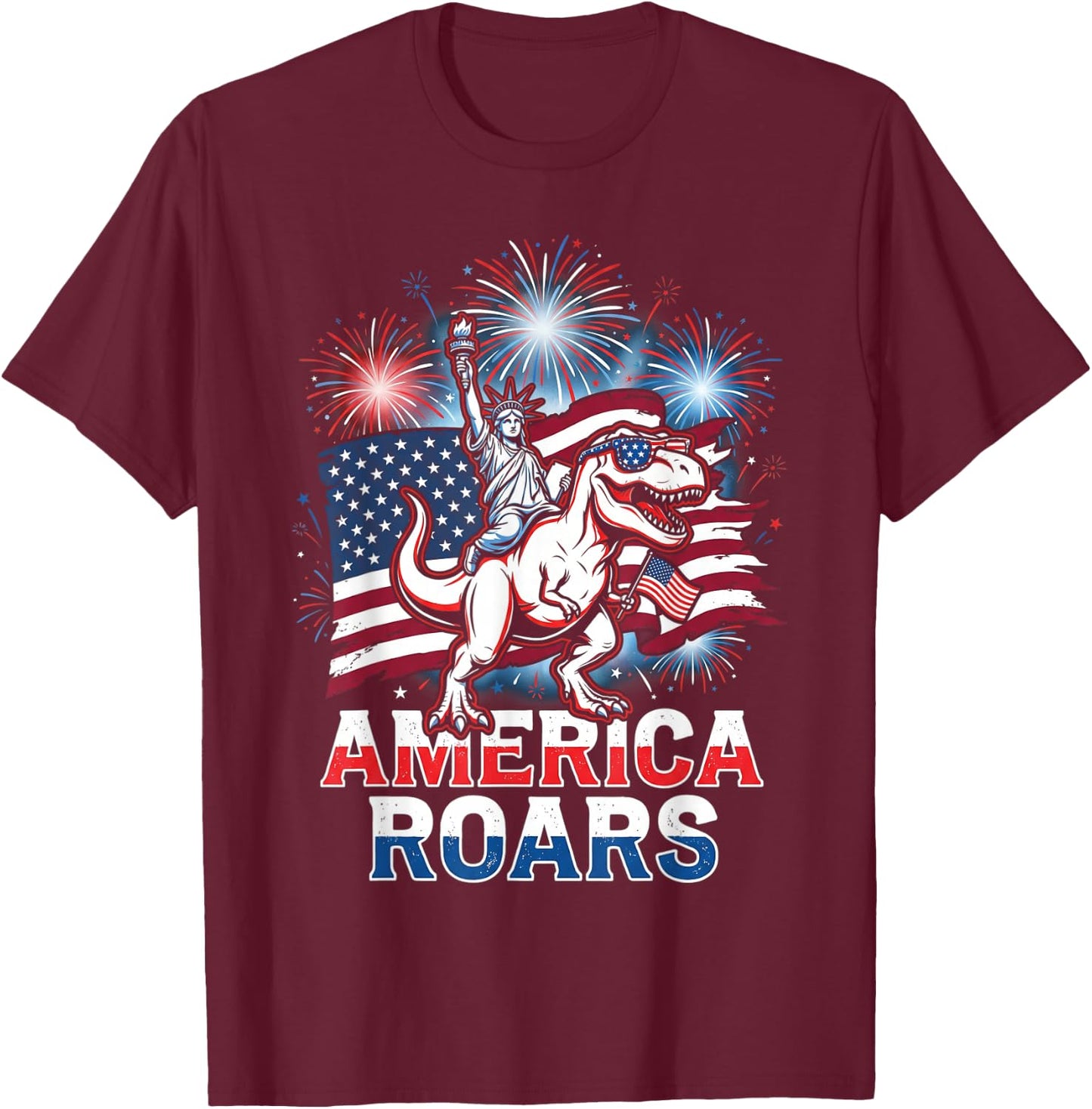 Statue of Liberty American Dinosaur Funny 4th of July Boys T-Shirt - T-Shirt | Maroon