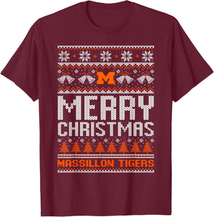 Massillon Tigers Logo Merry Christmas Ugly Sweater HS T-Shirt - T-Shirt | Maroon