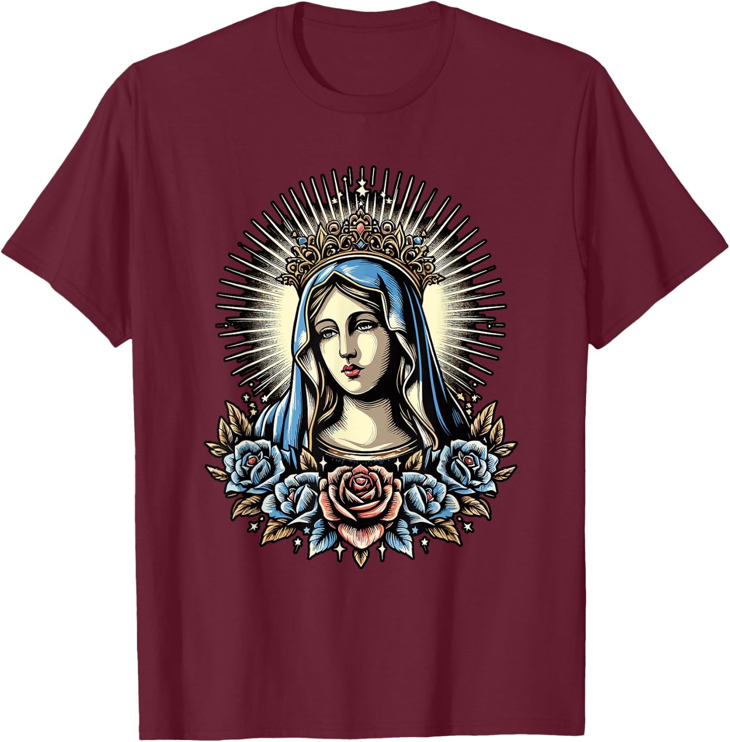 Virgin Mary Religious Art Spiritual Devotion T-Shirt - T-Shirt | Maroon