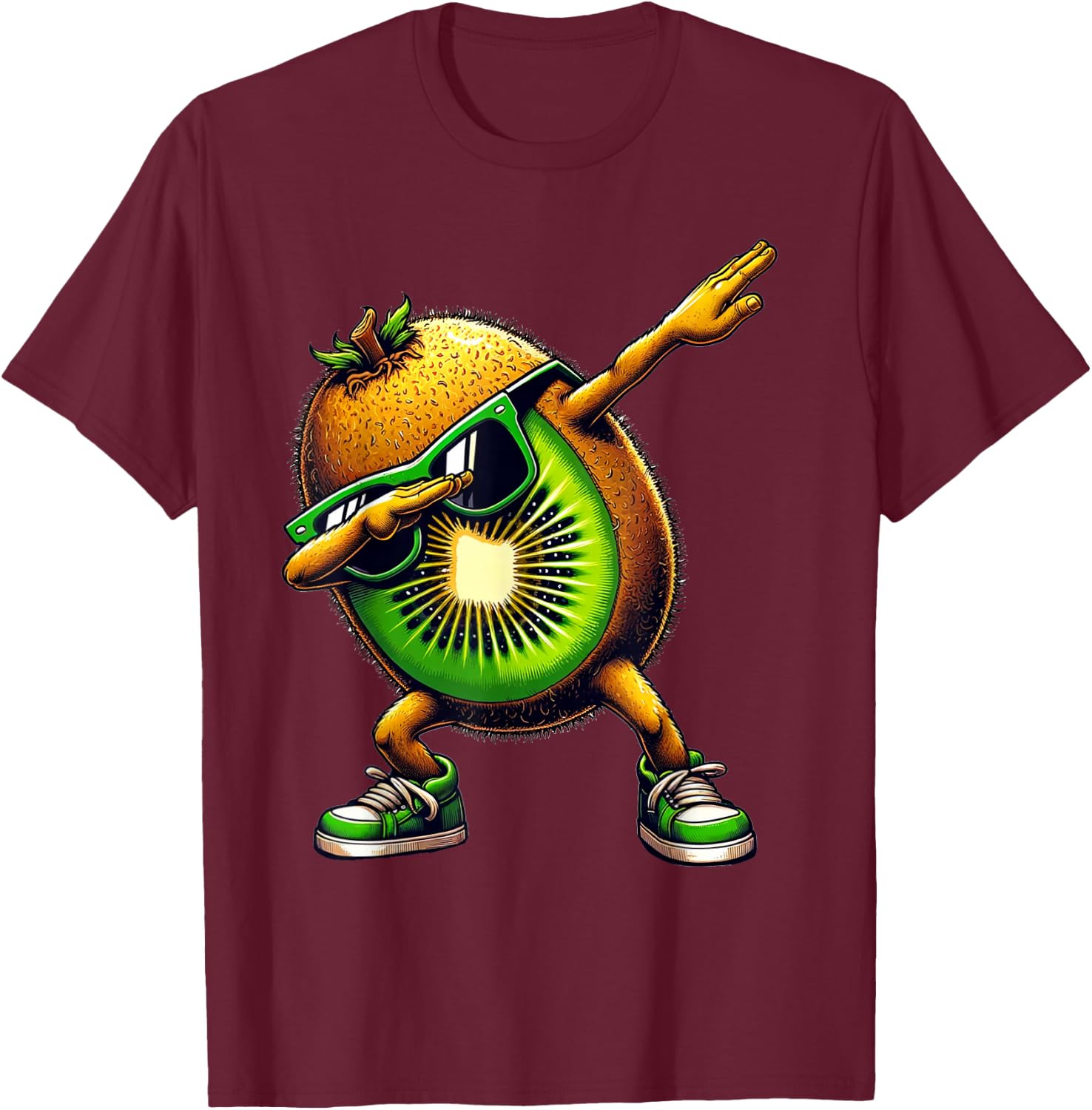 Dabbing Green Kiwi Funny Green Kiwi with Kiwi Motif , black T-Shirt - T-Shirt | Maroon