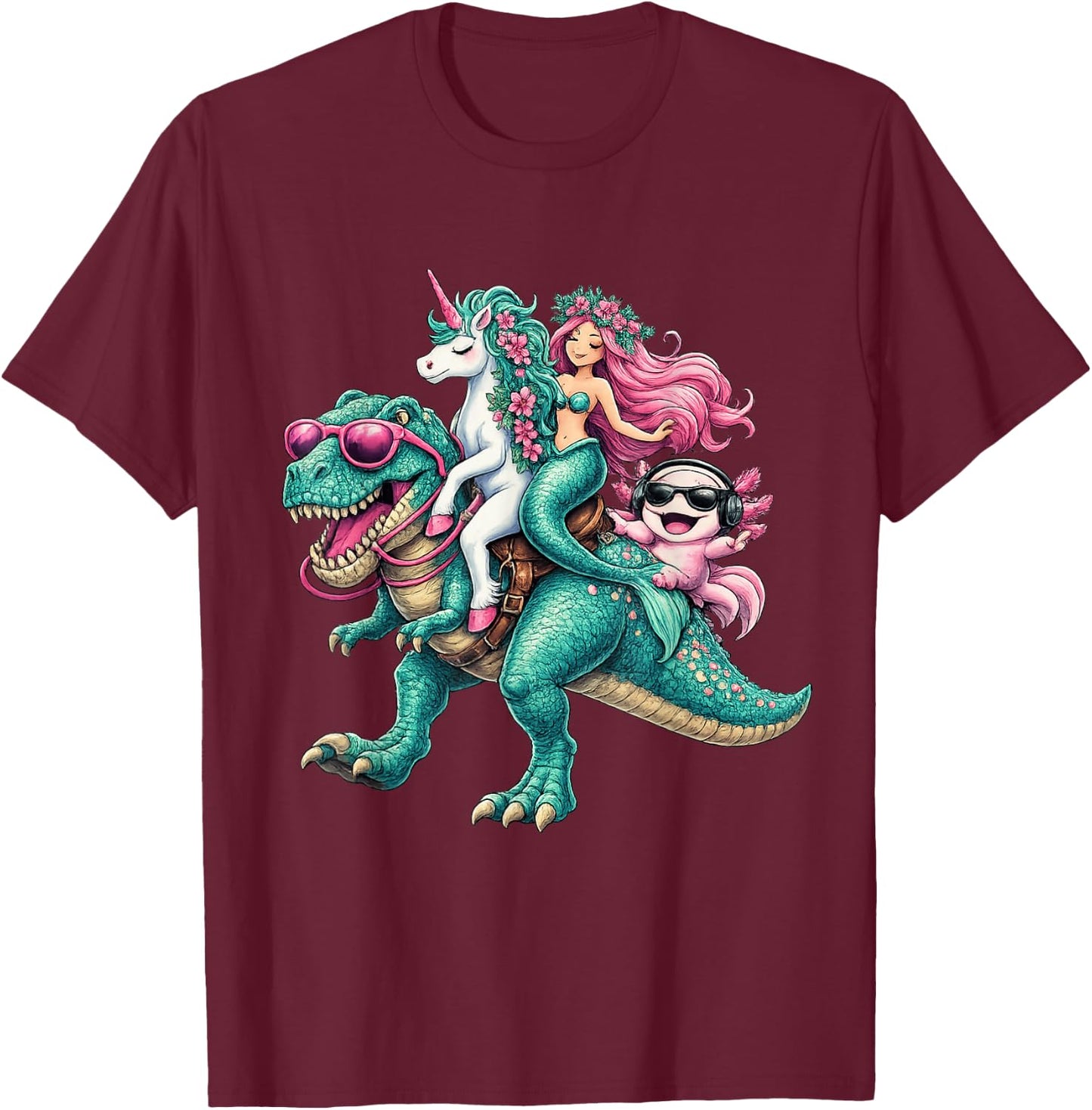Mermaid Unicorn Axolotl Riding Dinosaur Granddaughter Niece T-Shirt - T-Shirt | Maroon