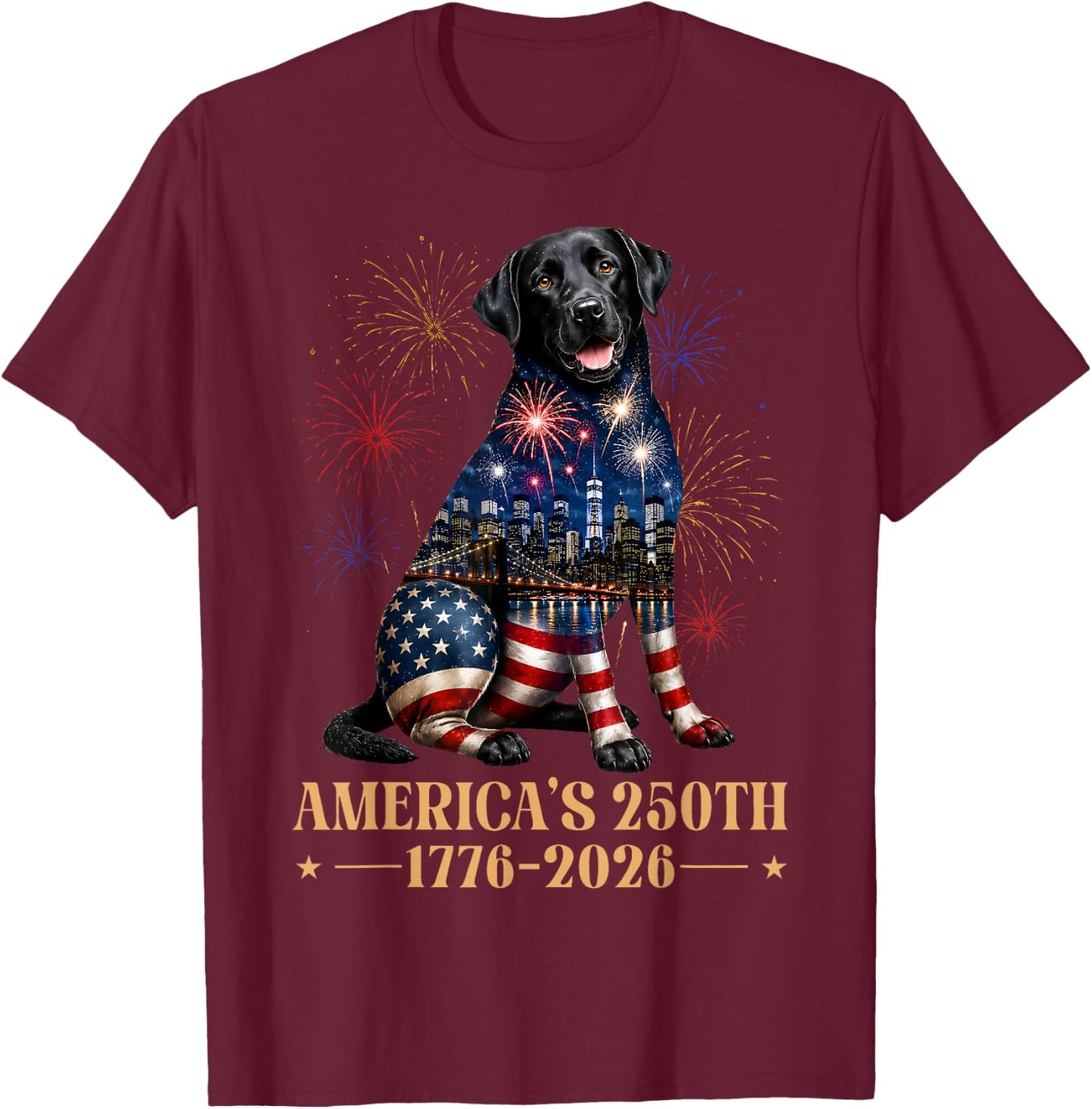 Fireworks 4th of July American Flag Patriotic Black Lab Dog T-Shirt - T-Shirt | Maroon