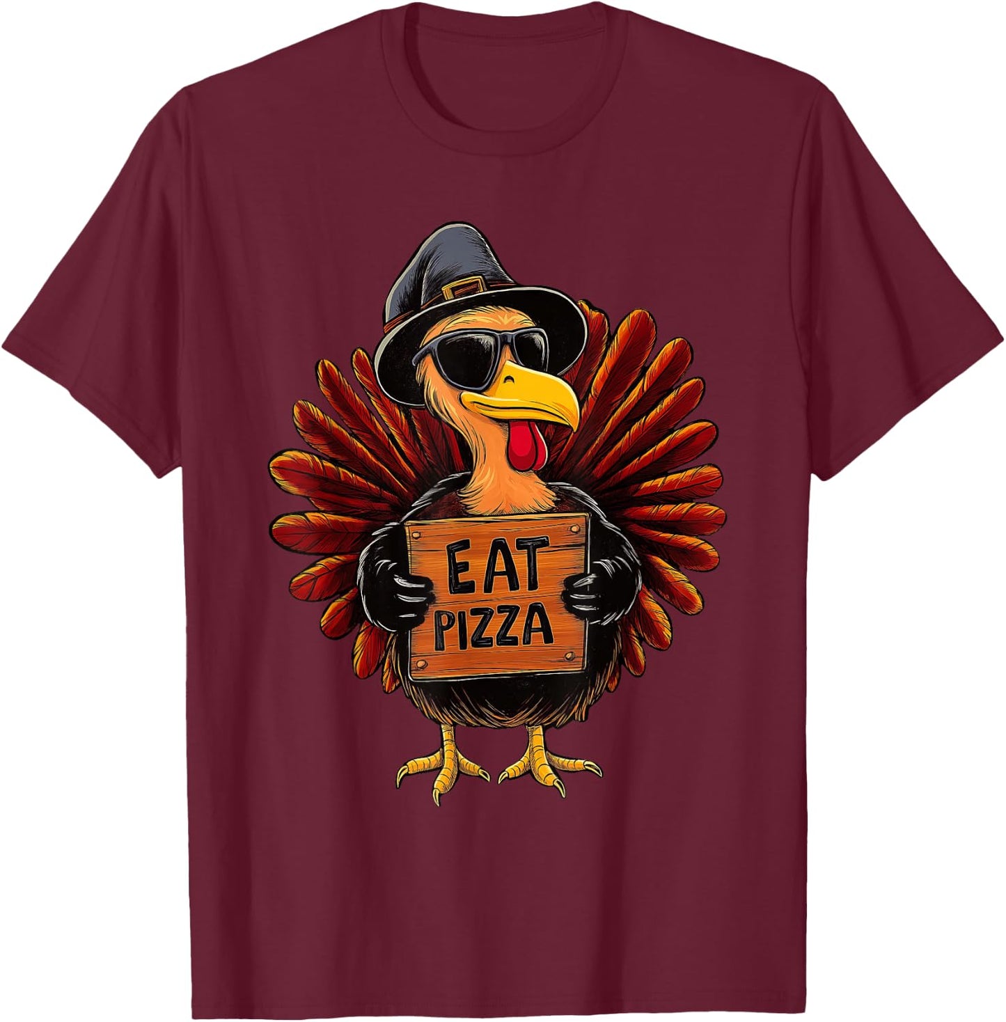 Funny Thanksgiving Turkey Eat Pizza for Kids Boys Girls T-Shirt - T-Shirt | Maroon