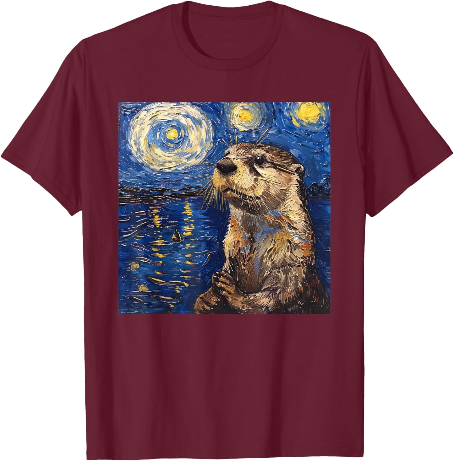 Otter Van Gogh Style Starry Night T-Shirt - T-Shirt | Maroon