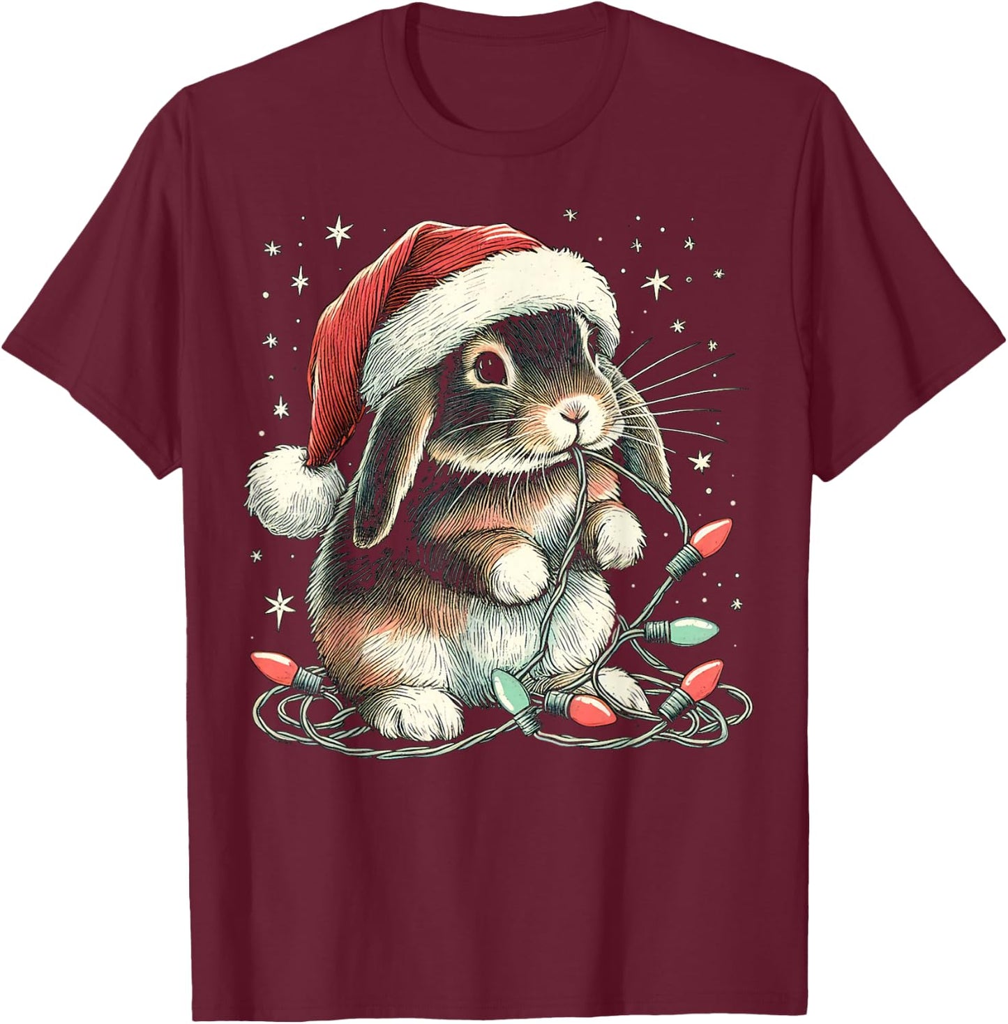 Funny Holland Lop Rabbit Bunny Chew Christmas Light Xmas T-Shirt - T-Shirt | Maroon