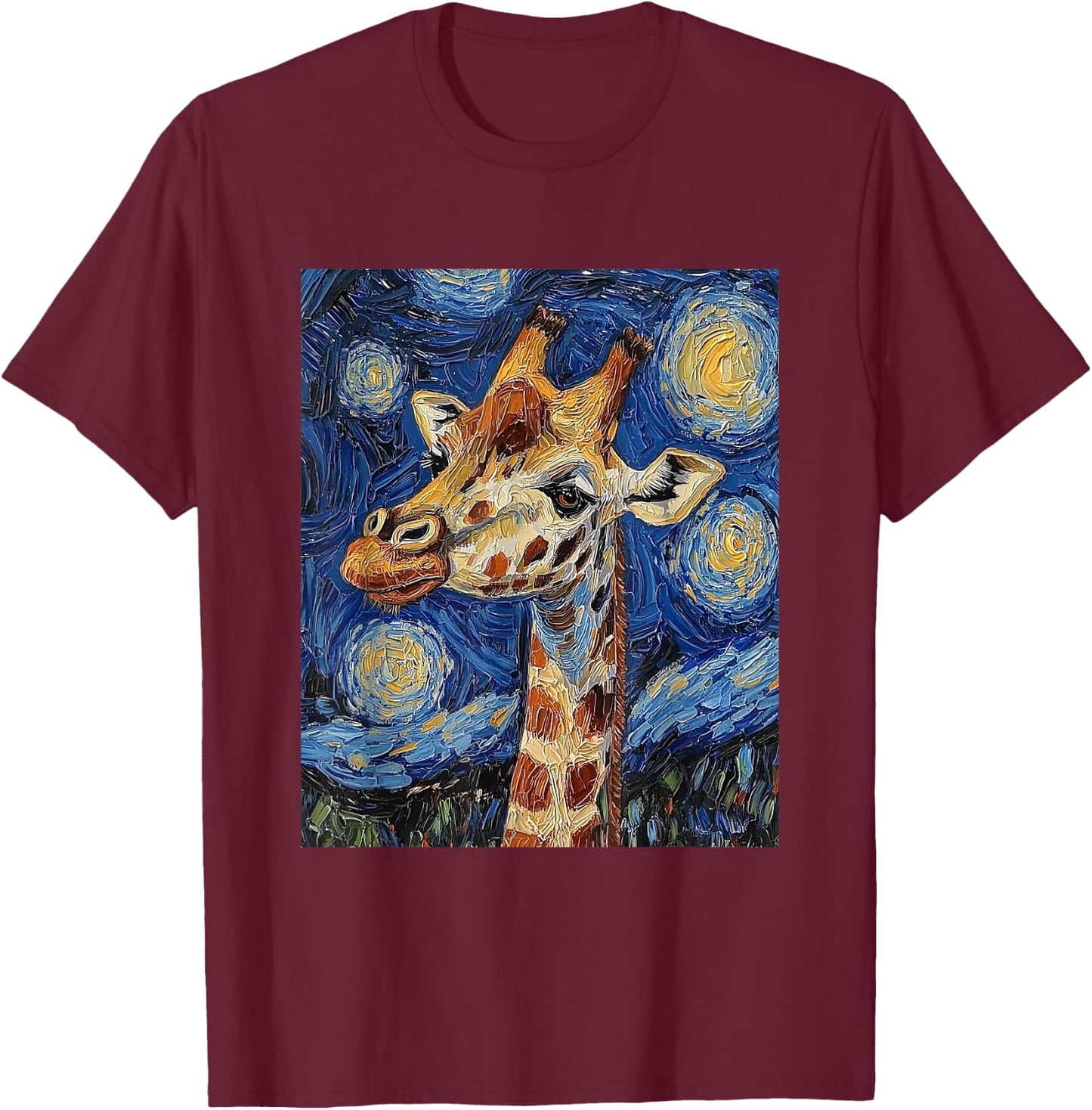 Giraffe Africa Van Gogh Style Starry Night Cute Graphic T-Shirt - T-Shirt | Maroon