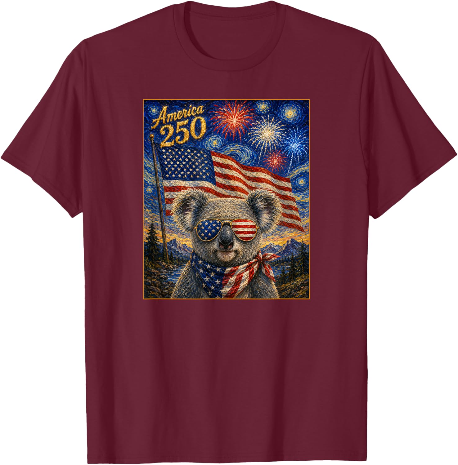Koala Art on America 250 Anniversay 4th of July USA Flag T-Shirt - T-Shirt | Maroon