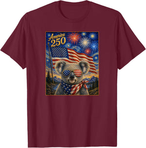 Koala Art on America 250 Anniversay 4th of July USA Flag T-Shirt - T-Shirt | Maroon
