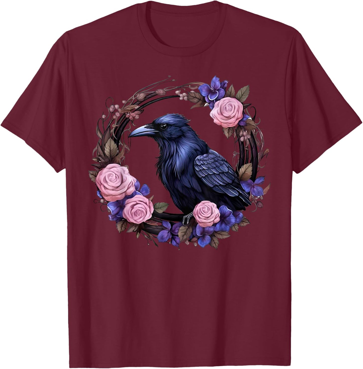 Gothic Raven Full Moon Pink Flowers Vintage Floral Crow T-Shirt - T-Shirt | Maroon