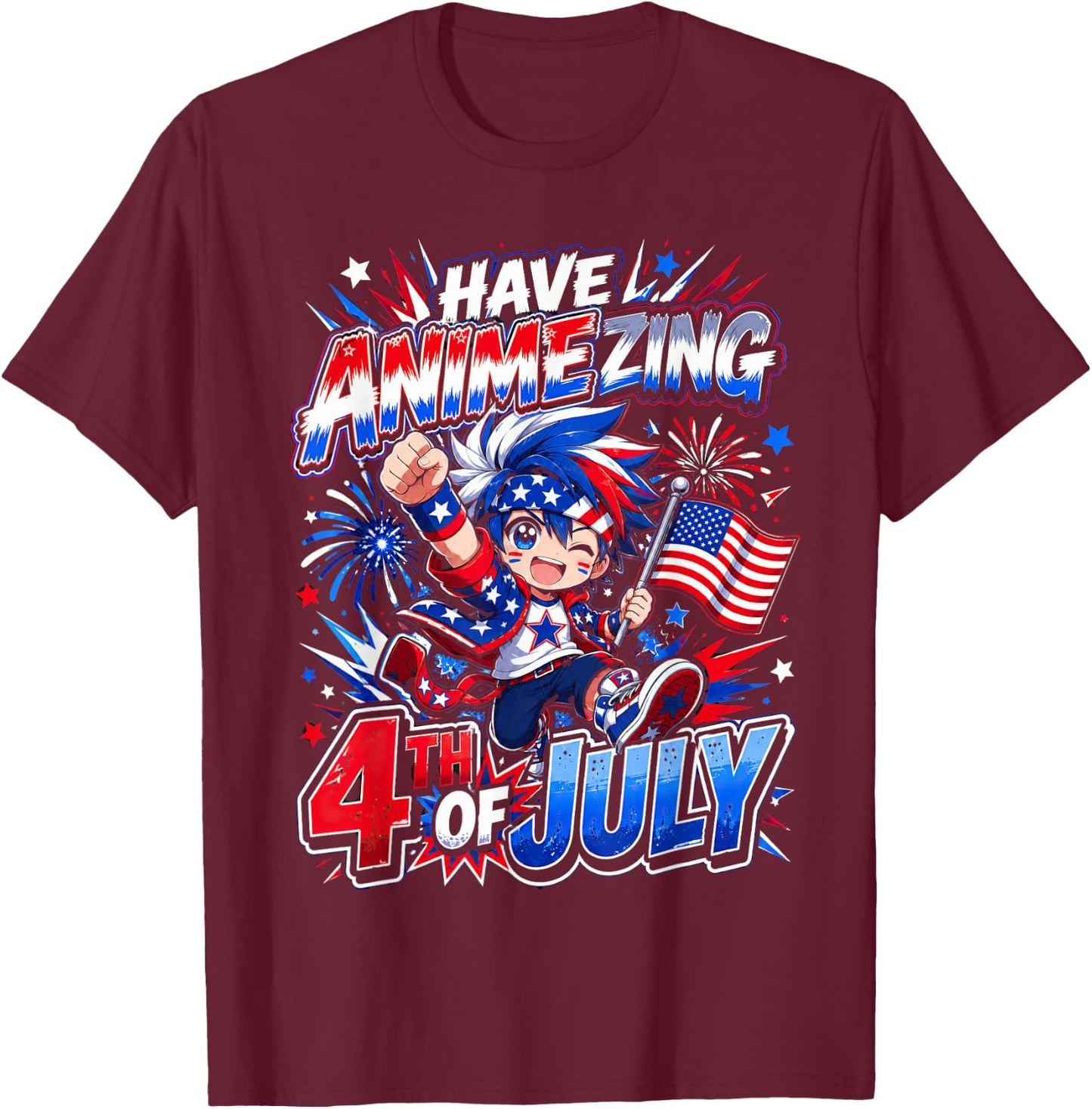 Animezing 4th of July Patriotic Anime Fan USA T-Shirt - T-Shirt | Maroon