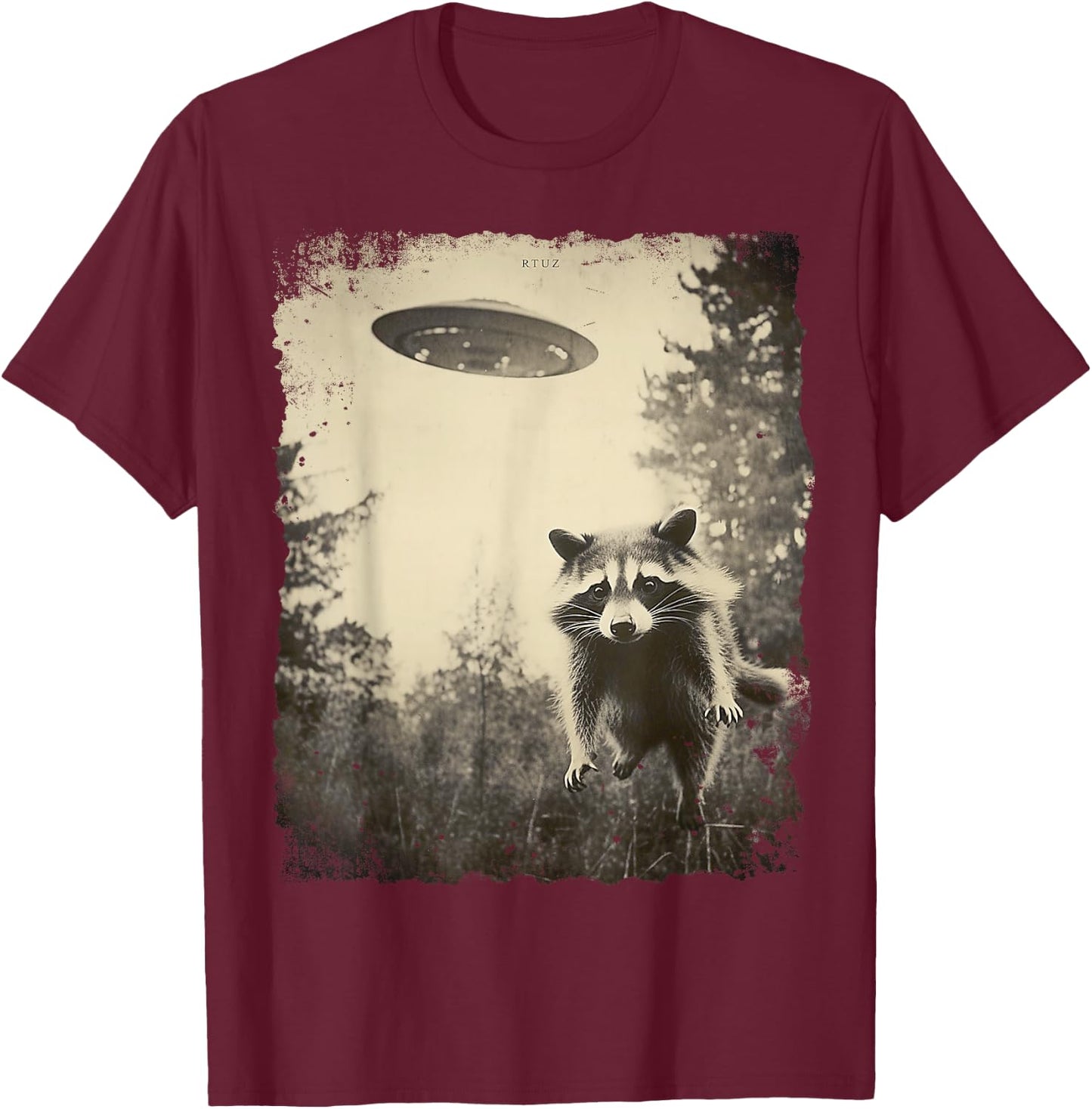 Vintage Hipster Retro Raccoon Streetwear Alien UFO Waschbär T-Shirt - T-Shirt | Maroon