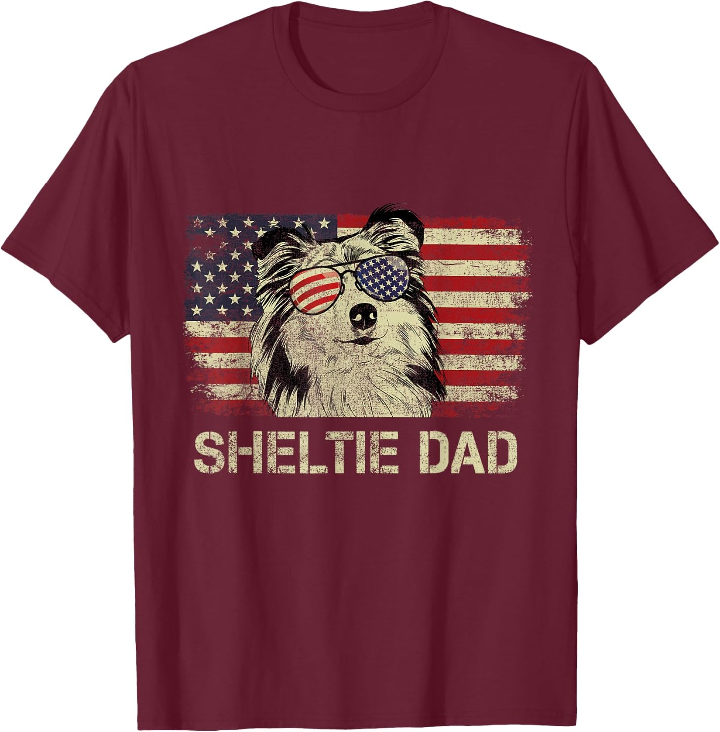 Sheltie Dad Dog Lovers American Flag 4th Of July Men T-Shirt - T-Shirt | Maroon