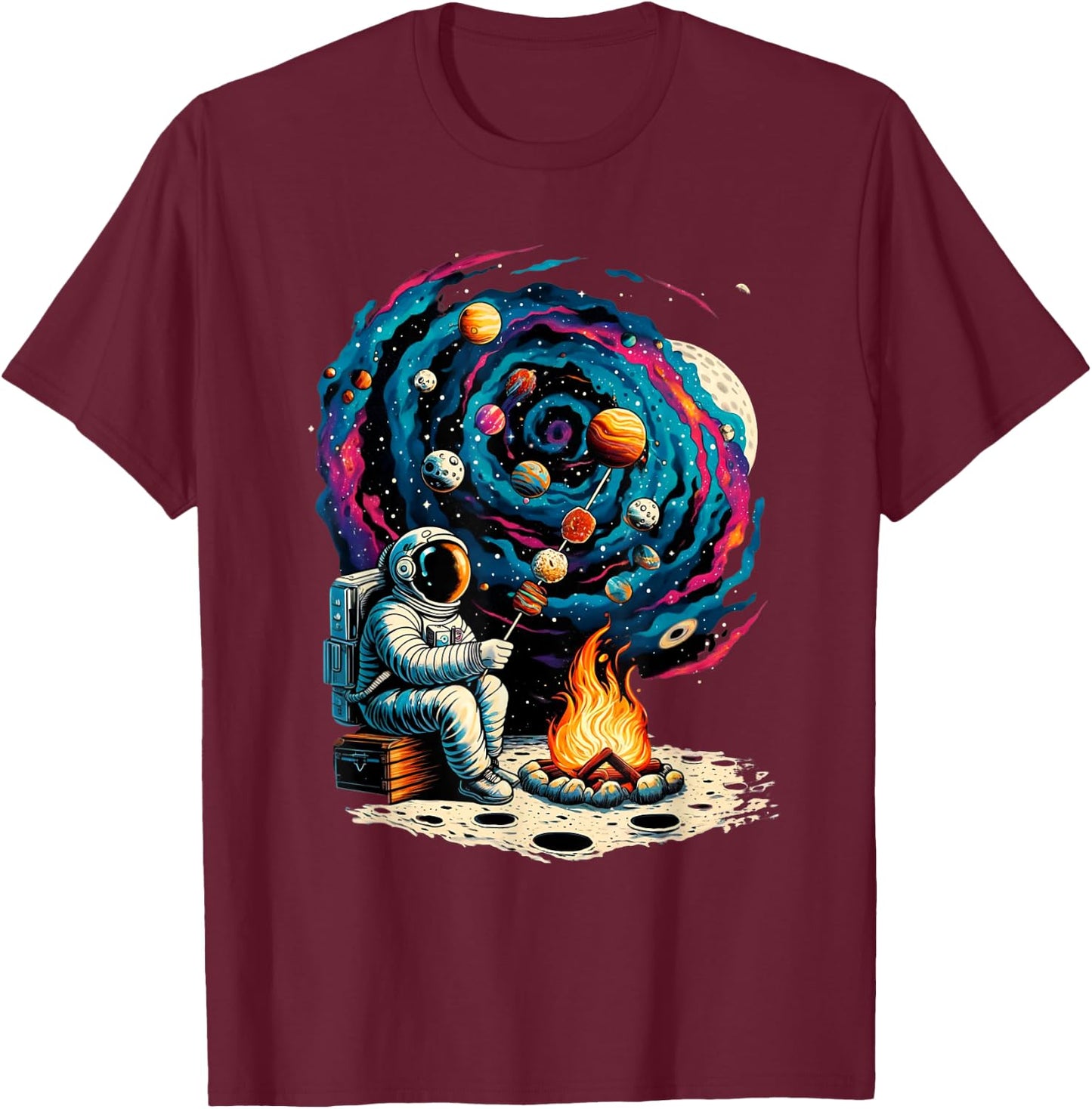 Interstellar Adventure Art & Apparel Funny Astronaut Roasting Marshmallows Camping with Planets , Small, Black T-Shirt - T-Shirt | Maroon