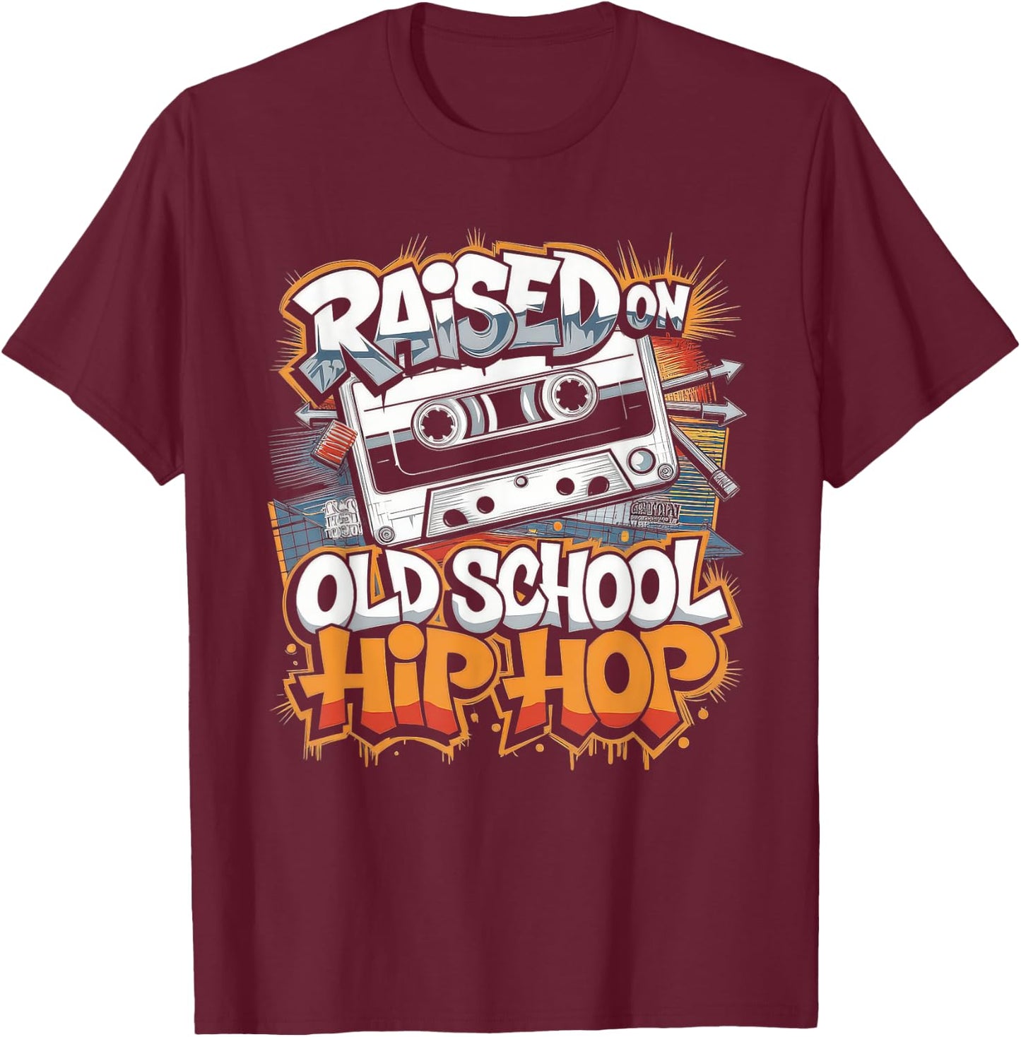 Raised ON Old School Hip HOP Cassette Graffiti Rap T-Shirt - T-Shirt | Maroon