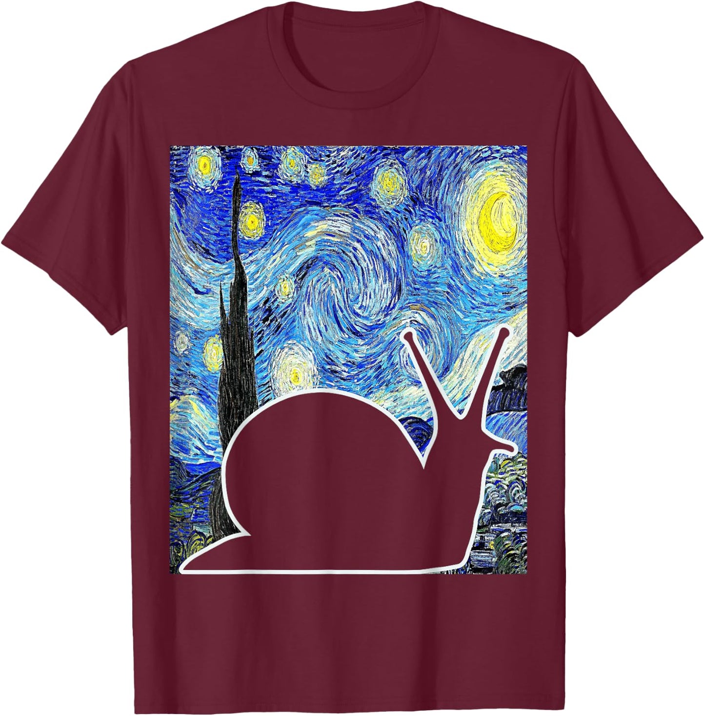 Malacologist Snail Van Gogh Famous Painting Starry Night Snail Lover Art - Women's -Kids Black Small Classic Fit Short Sleeve Cotton Blend T-Shirt - T-Shirt | Maroon