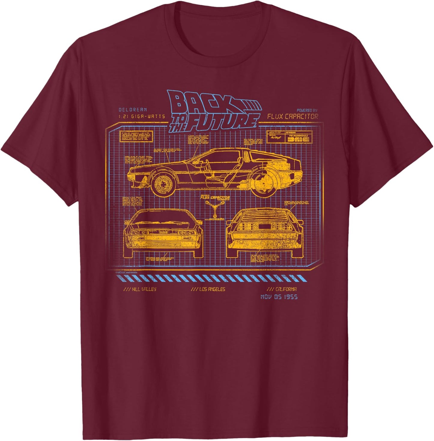 Back to The Future 35th Anniversary Delorean Schematics T-Shirt - T-Shirt | Maroon
