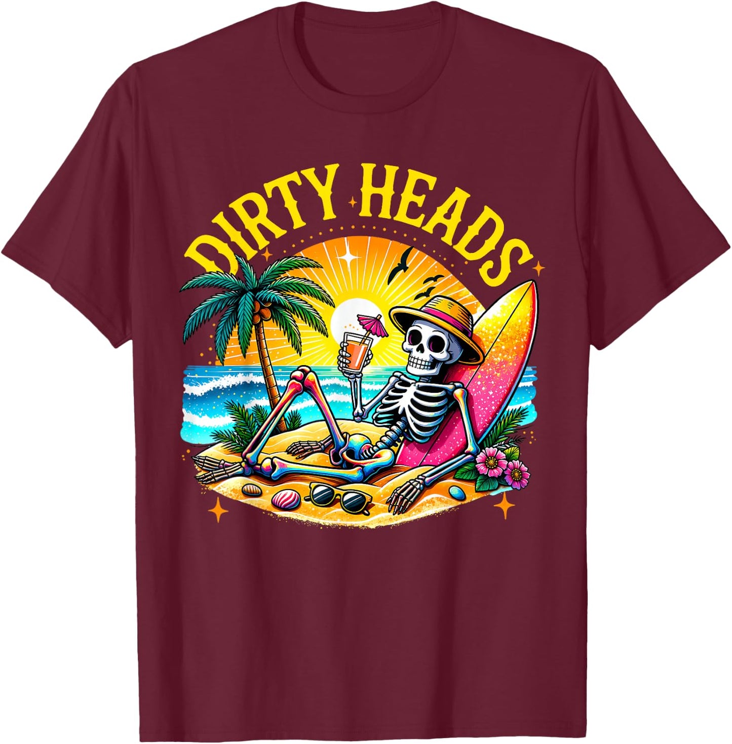 Dirty Heads Skeleton Beach Summer Vacation T-Shirt - T-Shirt | Maroon