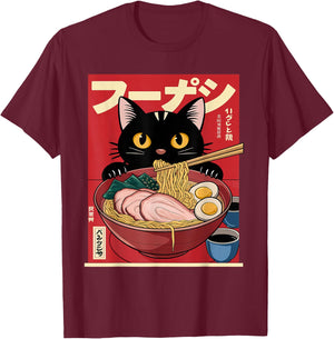Funny Japanese Ramen Kawaii Cat Anime Graphic , Black, S T-Shirt - T-Shirt | Maroon