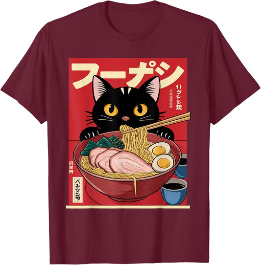 Funny Japanese Ramen Kawaii Cat Anime Graphic , Black, S T-Shirt - T-Shirt | Maroon