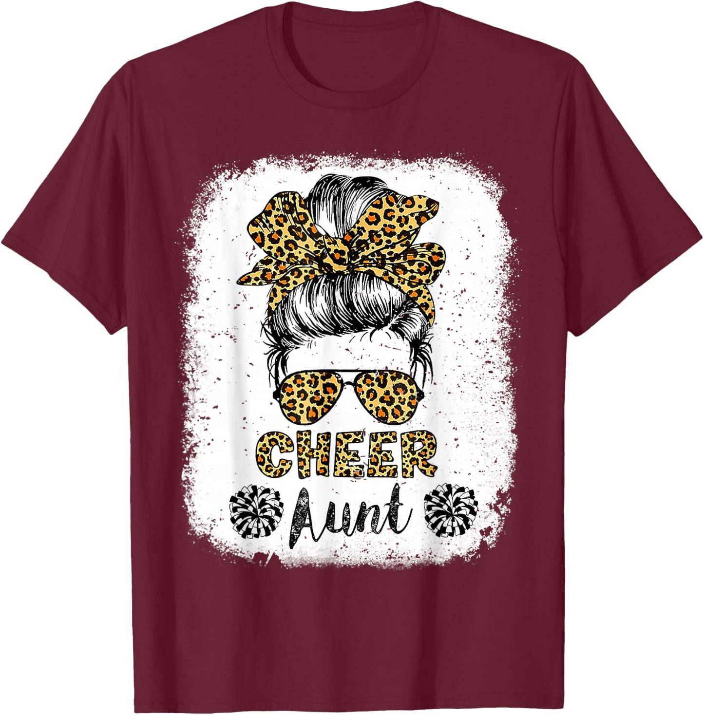Cheer Aunt Leopard Messy Bun Cheerleader Bleached T-Shirt - T-Shirt | Maroon
