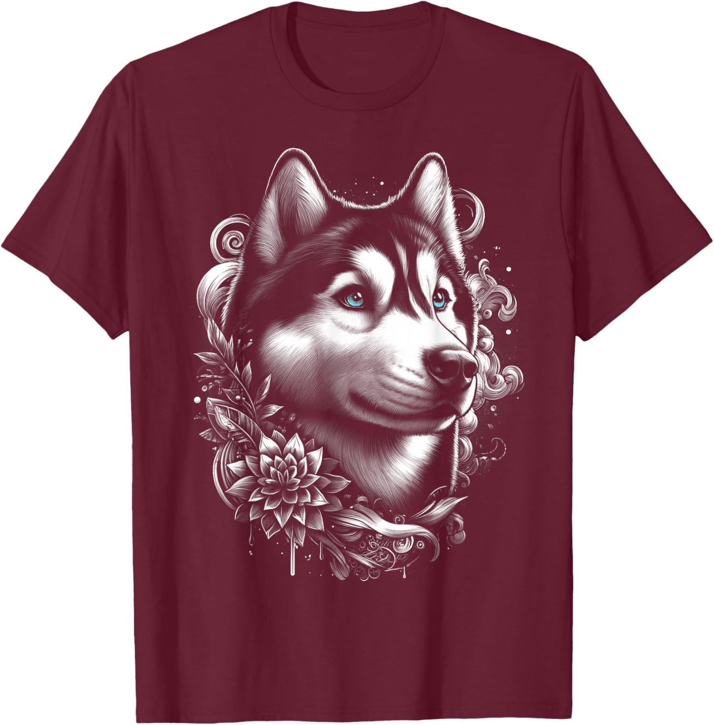 Cooler Husky mit blauen Augen und Blumen Deko T-Shirt - T-Shirt | Maroon