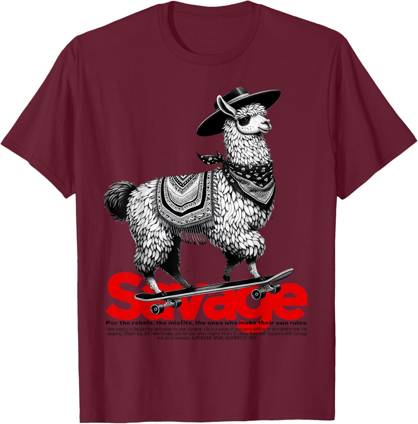 Llama Cowboy on Skateboard Alpaca Savage Meme Vintage Funny T-Shirt - T-Shirt | Maroon