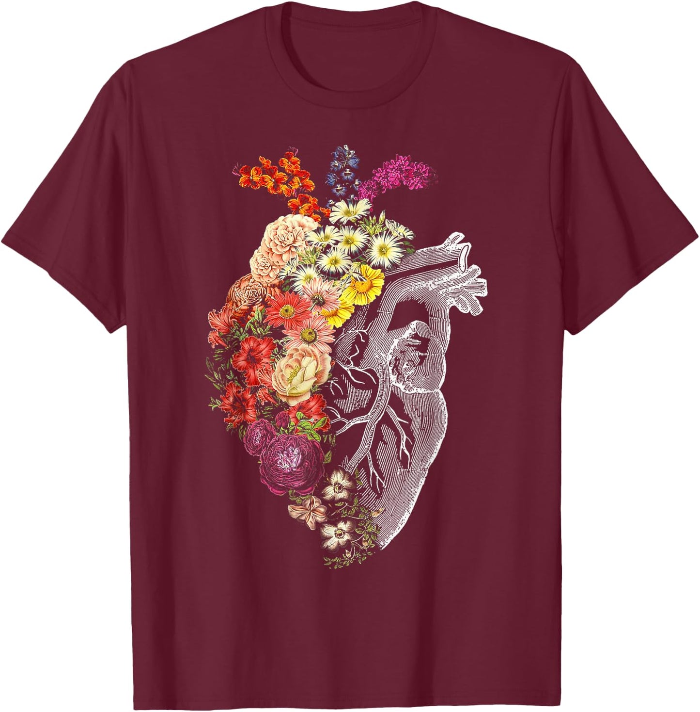 Anatomical Heart And Flowers Funny Nurse Gift Graduation T-Shirt - T-Shirt | Maroon