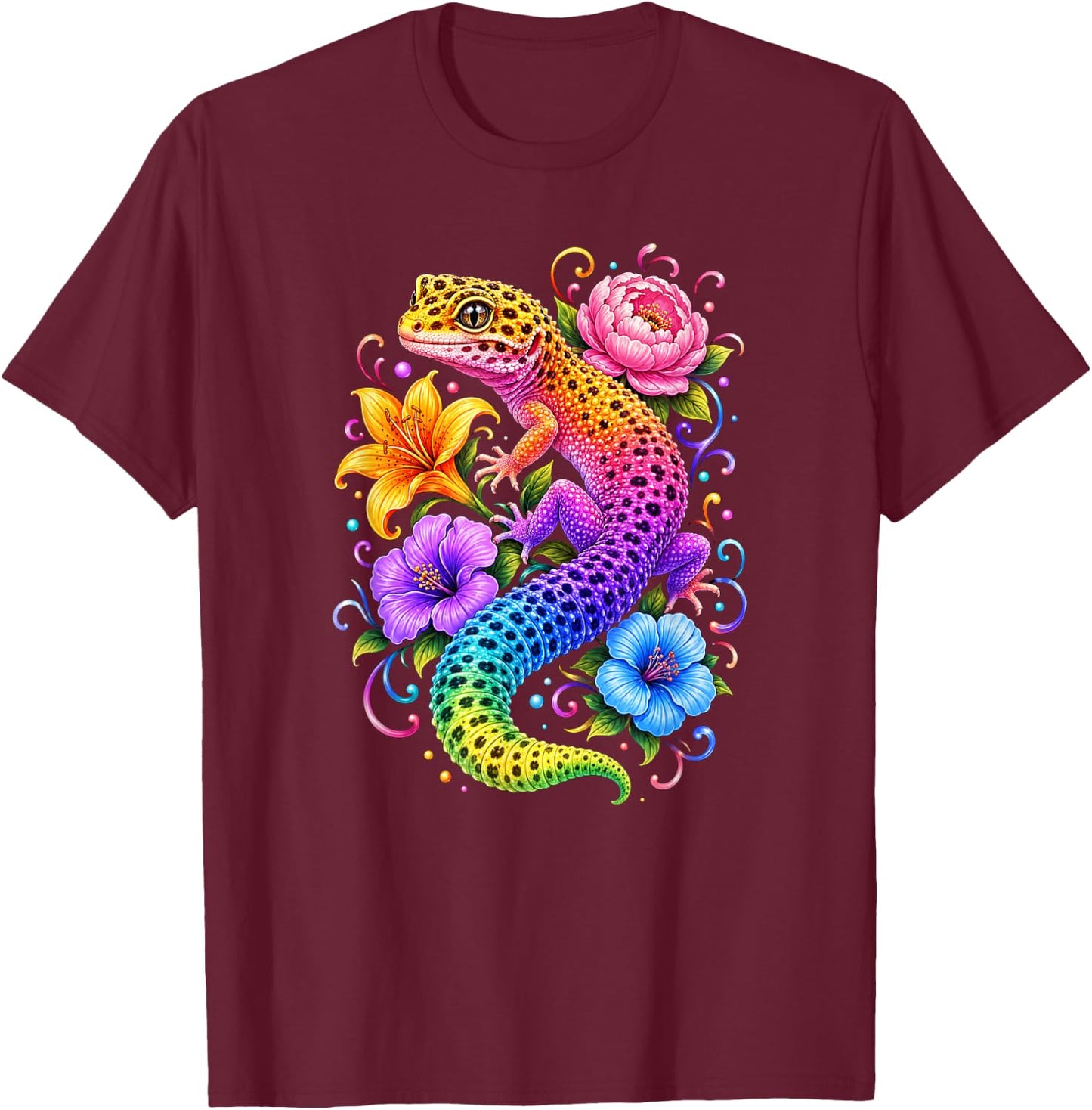 Colorful Cute Leopard Gecko Flowers Rainbow Women Girls Kids T-Shirt - T-Shirt | Maroon