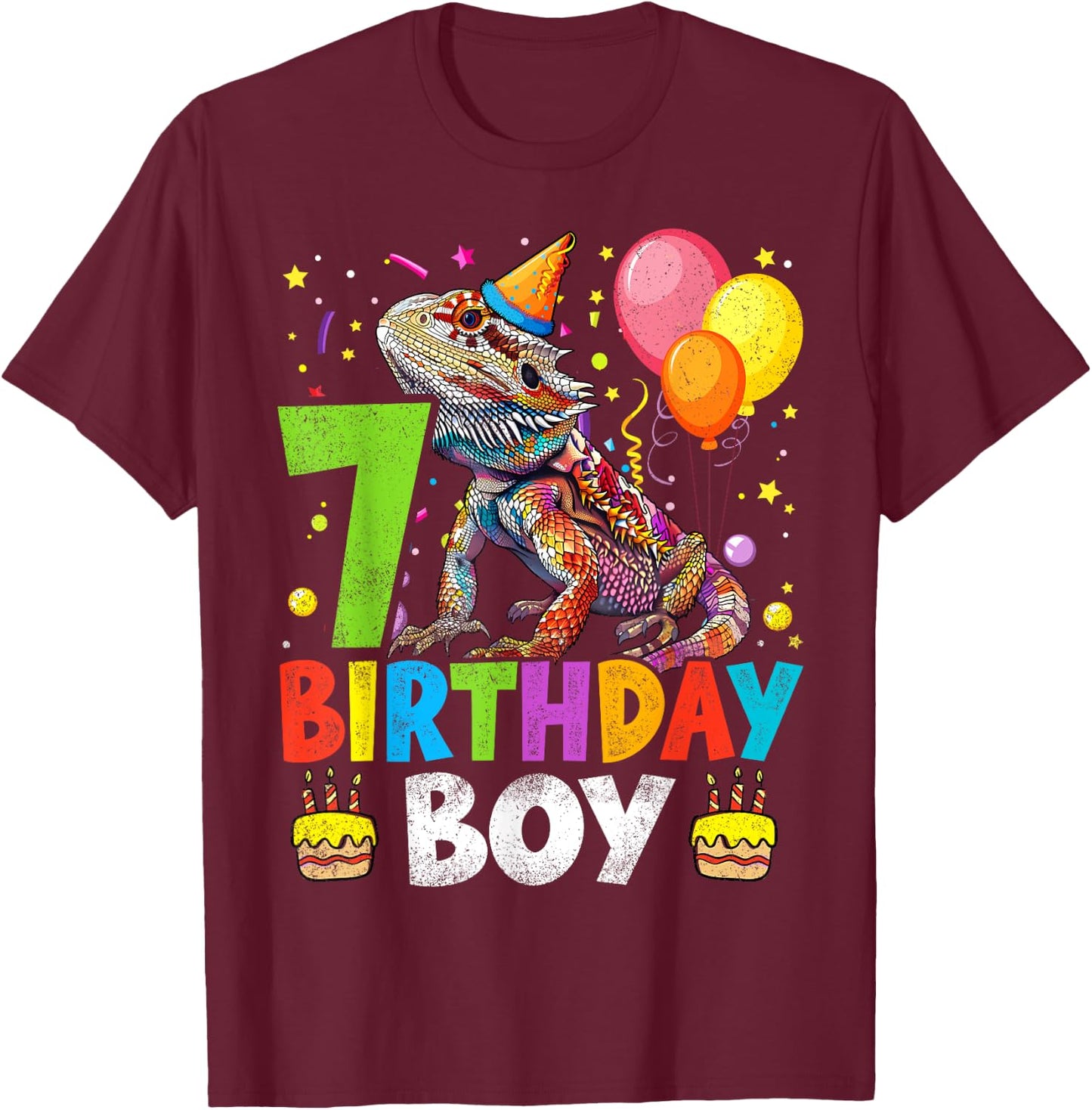 7th Birthday Boy Bearded Dragon 7 Years Old Bday Party T-Shirt - T-Shirt | Maroon