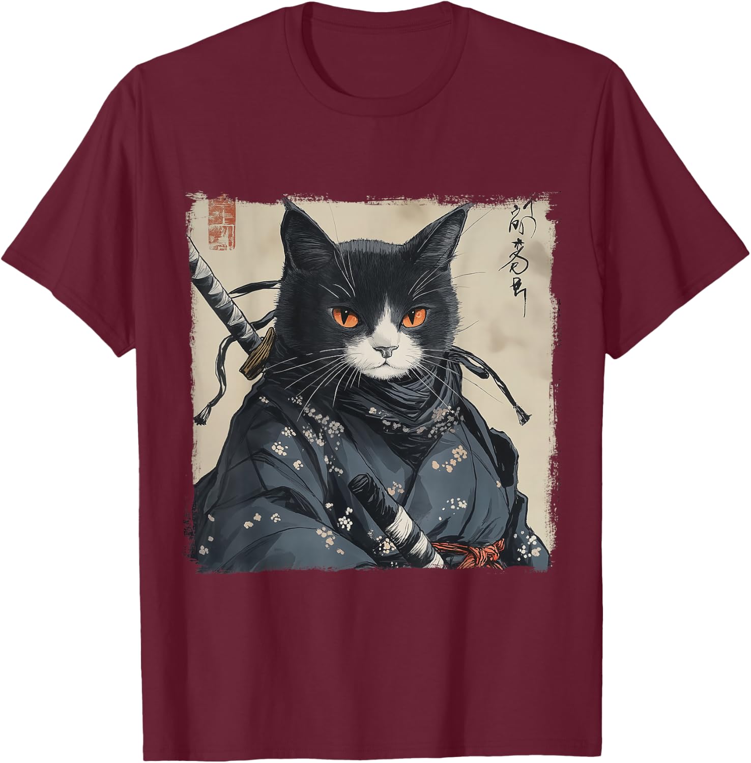 Japanese Samurai Cat Ukiyo-e Warrior Art Japan Vintage T-Shirt - T-Shirt | Maroon