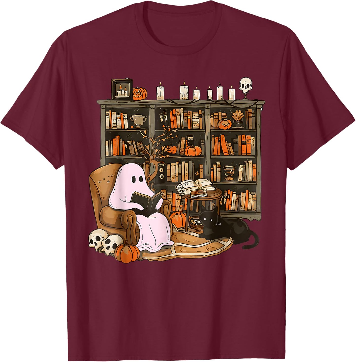 Vintage Ghost Book Reading Pumpkin Gothic Halloween Teachers T-Shirt - T-Shirt | Maroon
