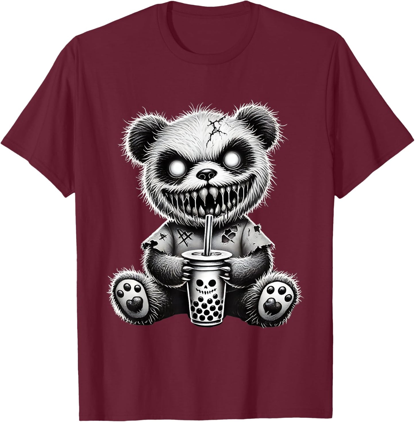 Creepy Panda Bubble Tea Halloween T-Shirt - T-Shirt | Maroon