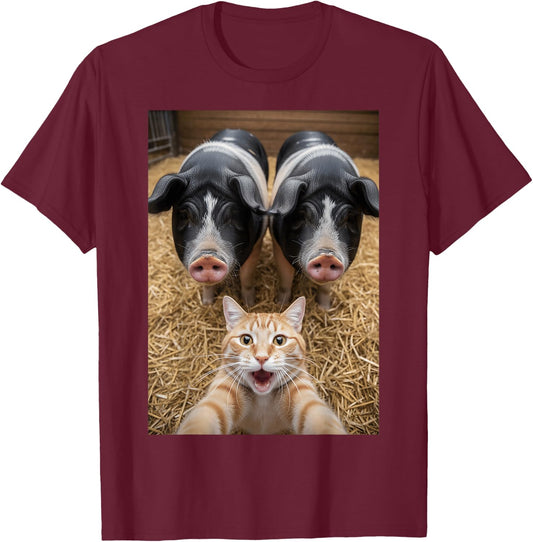 Funny Cat Selfie with Pigs Design – Cute Animal Pig Lovers T-Shirt - T-Shirt | Maroon