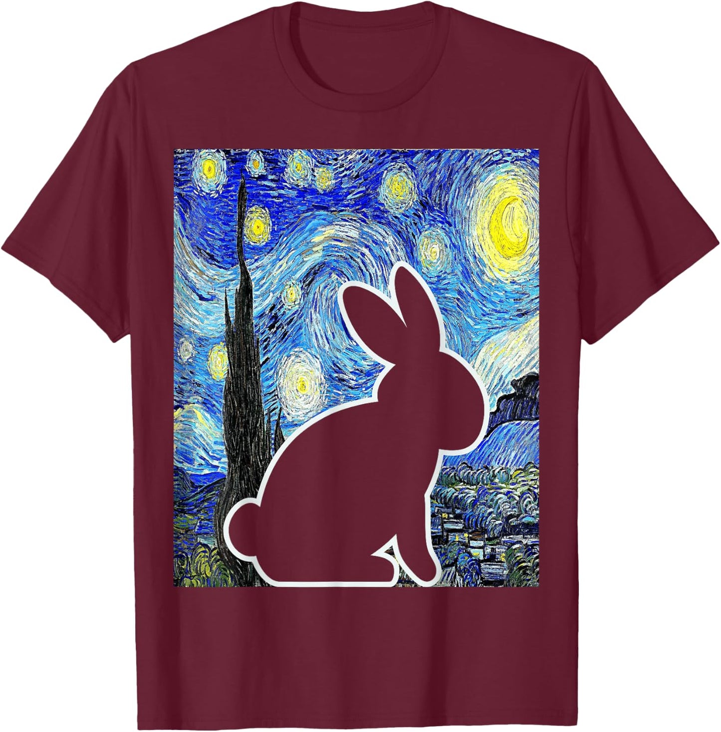 Rabbit Starry Night Bunny Lover Van Gogh Painting T-Shirt - T-Shirt | Maroon