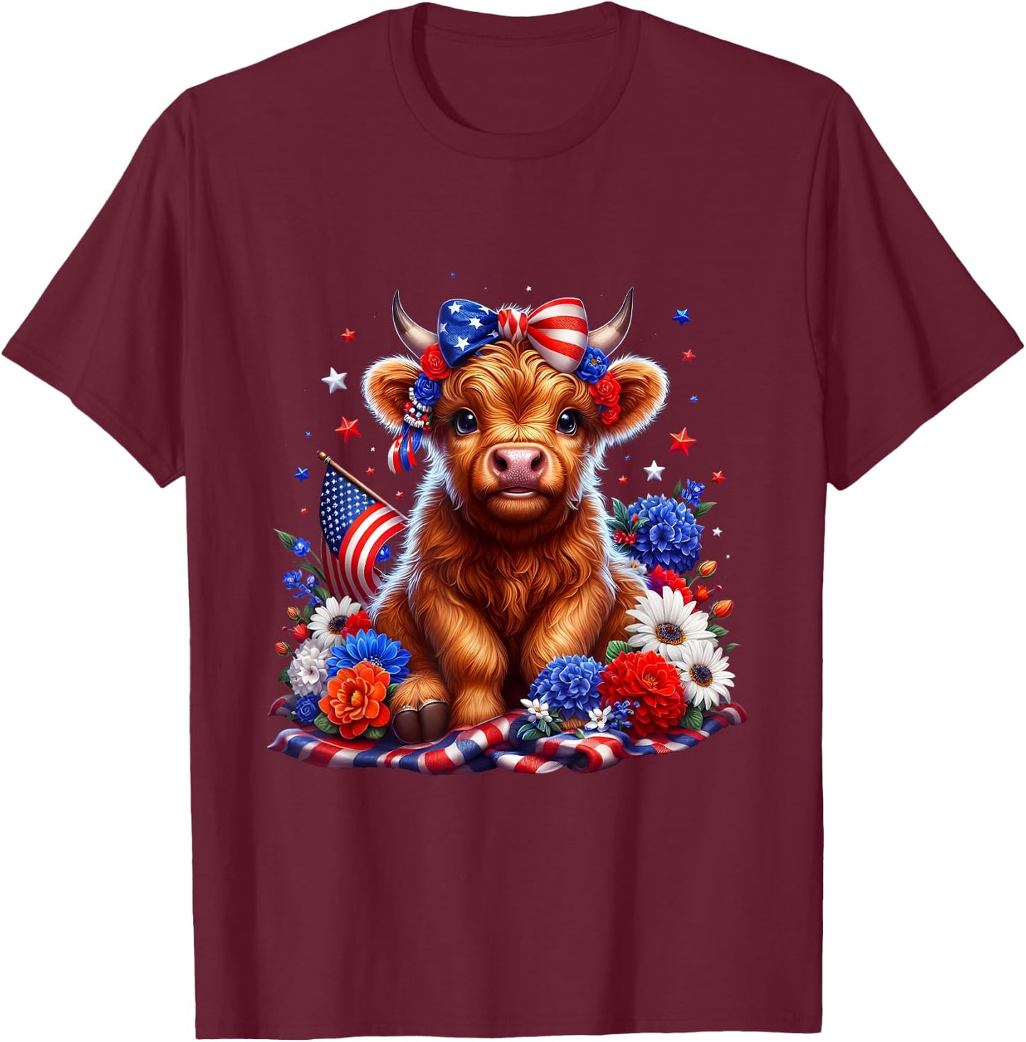 Floral Animal Vibes Patriotic Highland Cow USA 4th of July T-Shirt - T-Shirt | Maroon