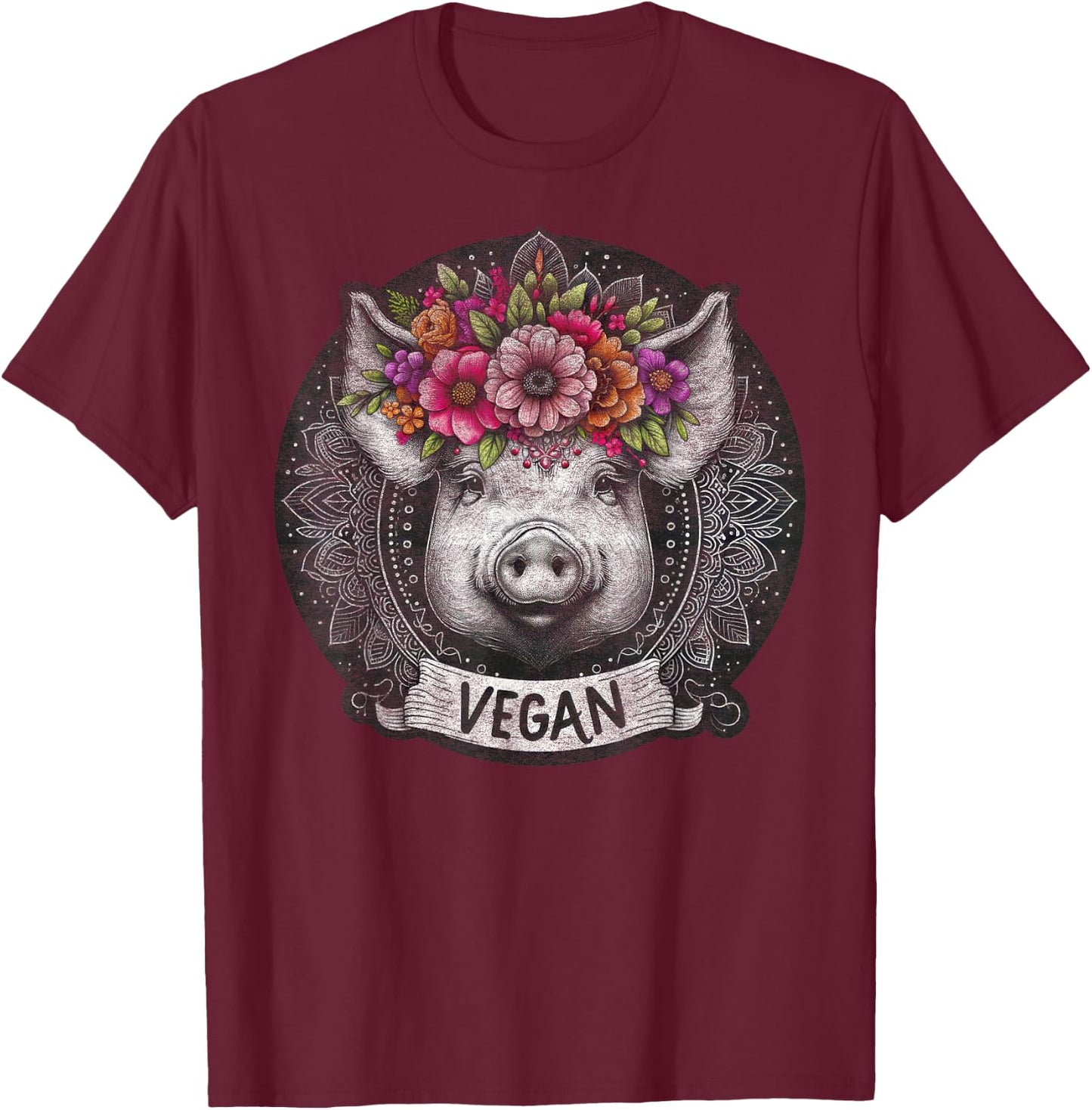 Pig with Flowers Vegan Retro – Boho Hippie Cute T-Shirt - T-Shirt | Maroon