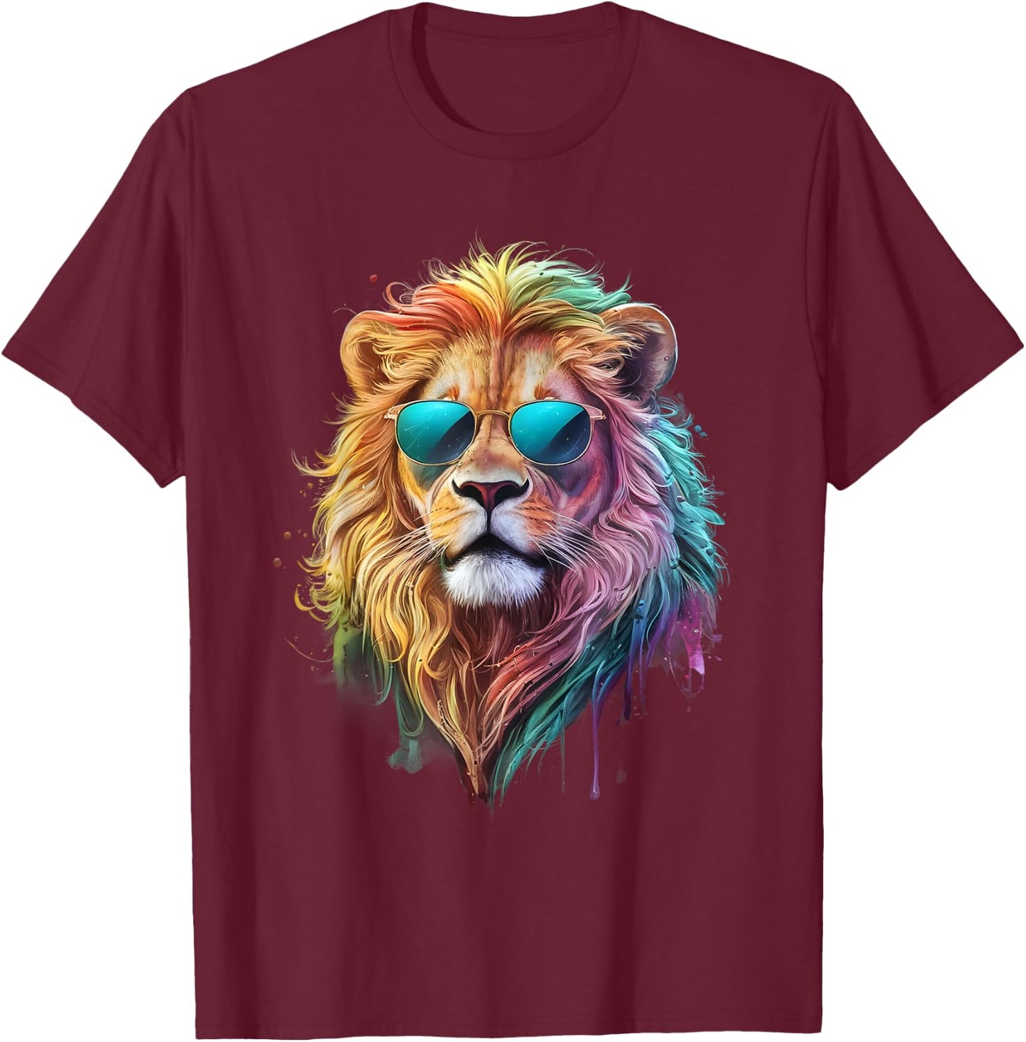 Lion Men Women Colorful Watercolor Lion , black T-Shirt - T-Shirt | Maroon